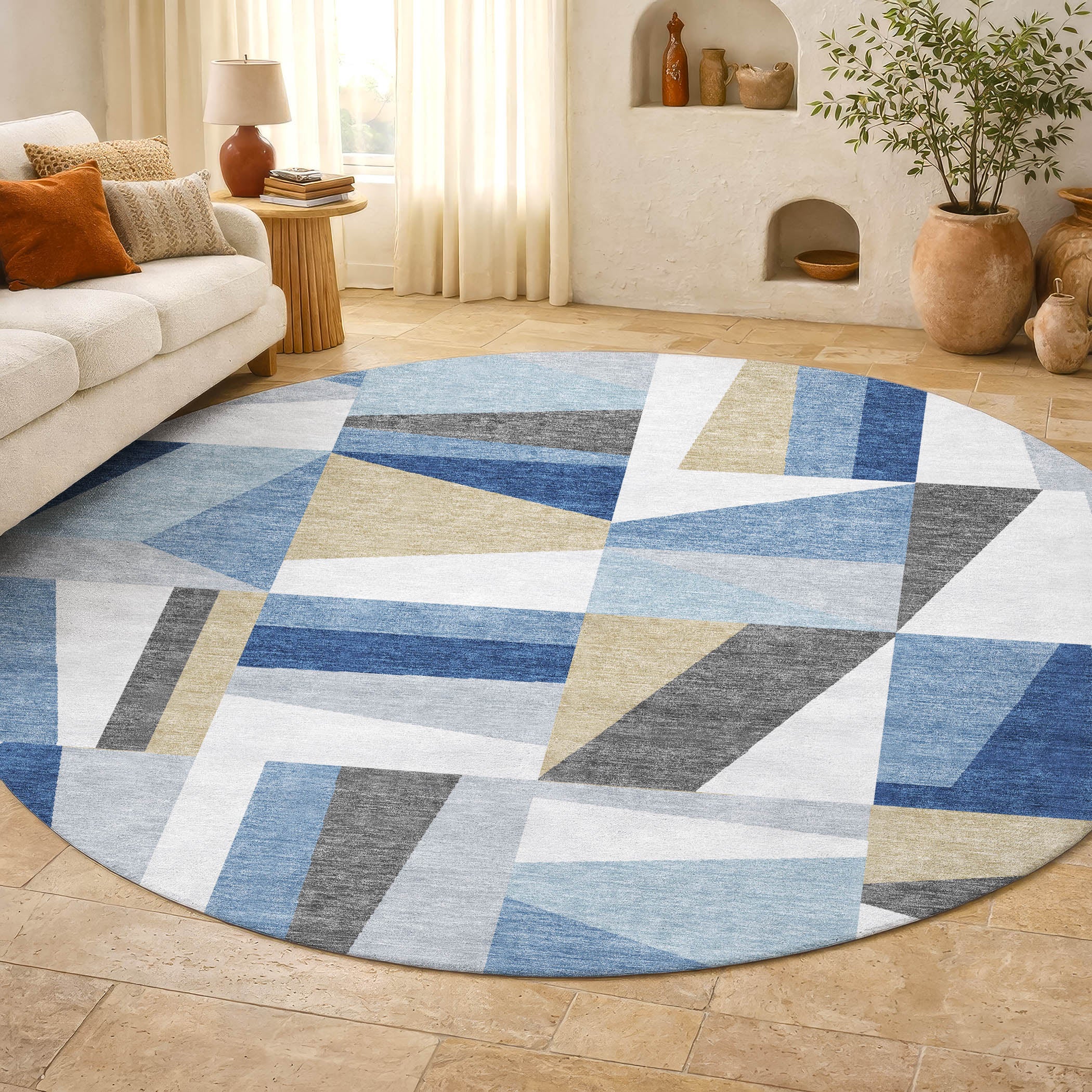 Marrakech Machine Washable Transitional Blue Rug 8' x 8' #shape_Round
