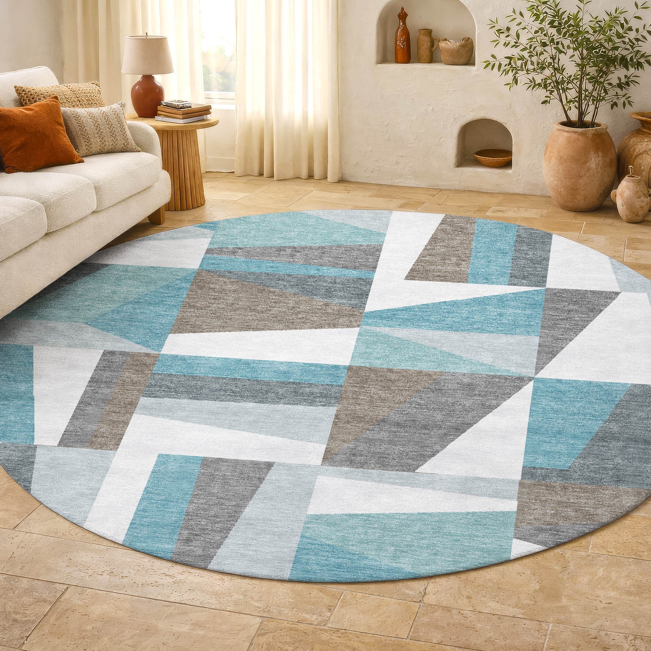 Marrakech Machine Washable Transitional Teal Rug 8' x 8' #shape_Round