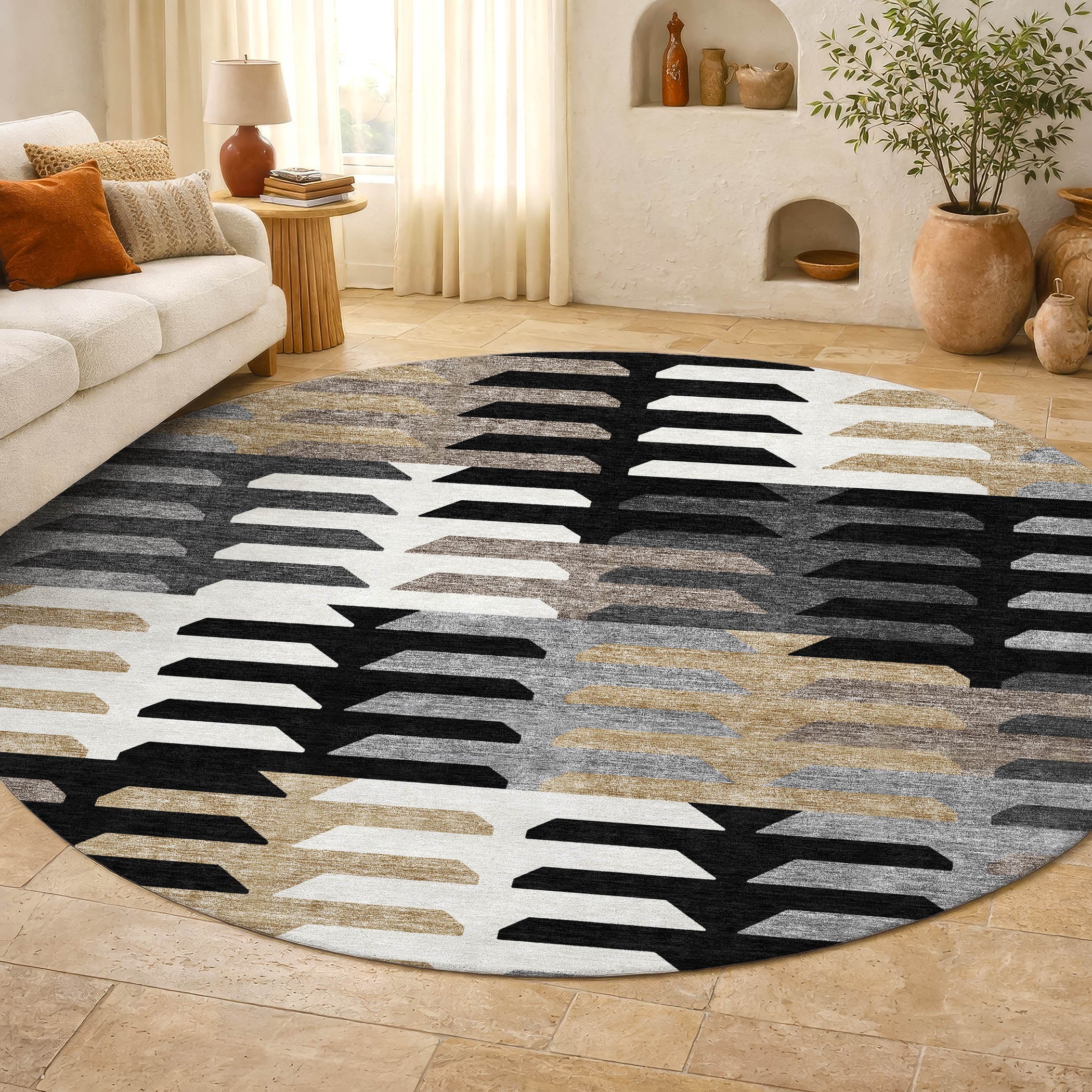 Lisbon Machine Washable Transitional Black Rug 8' x 8' #shape_Round