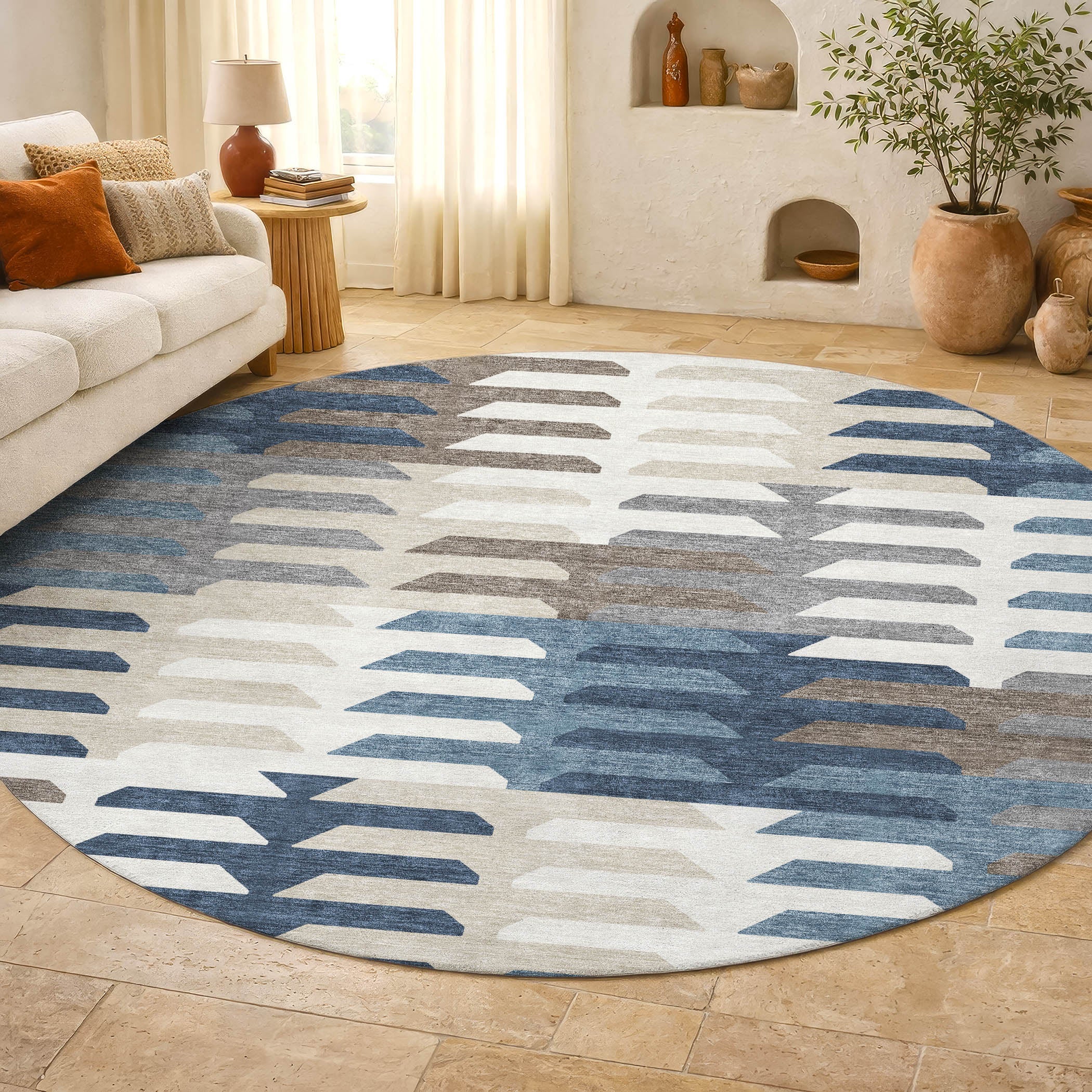 Lisbon Machine Washable Transitional Denim Blue Rug 8' x 8' #shape_Round