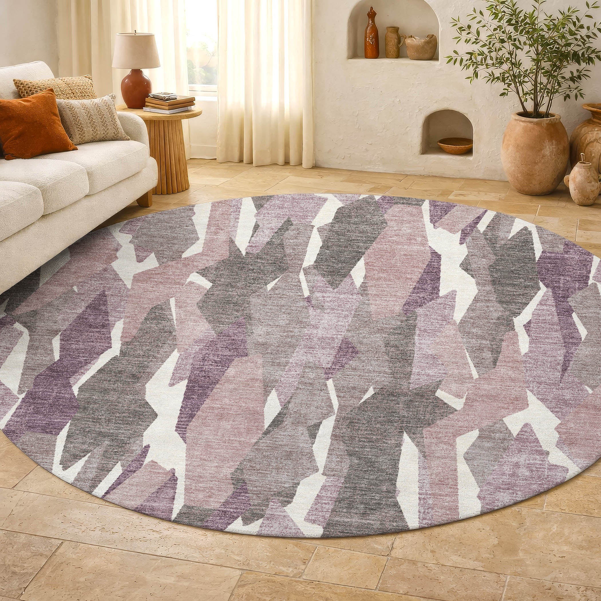 Lima Machine Washable Transitional Blush Pink Rug 8' x 8' #shape_Round