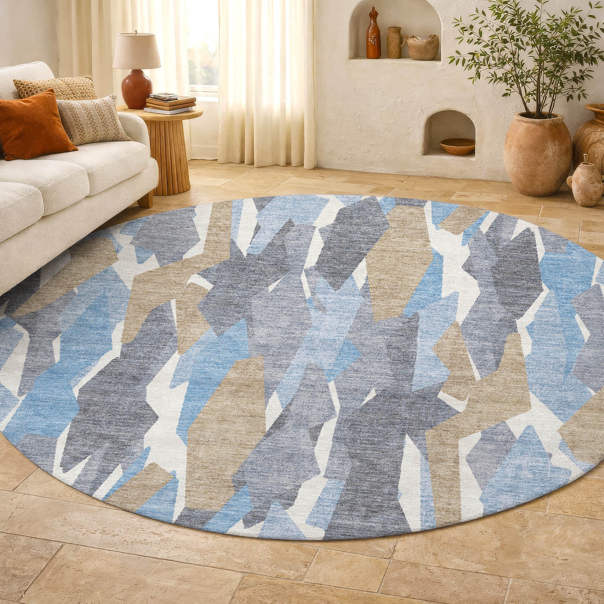 Lima Machine Washable Transitional Denim Blue Rug 8' x 8' #shape_Round