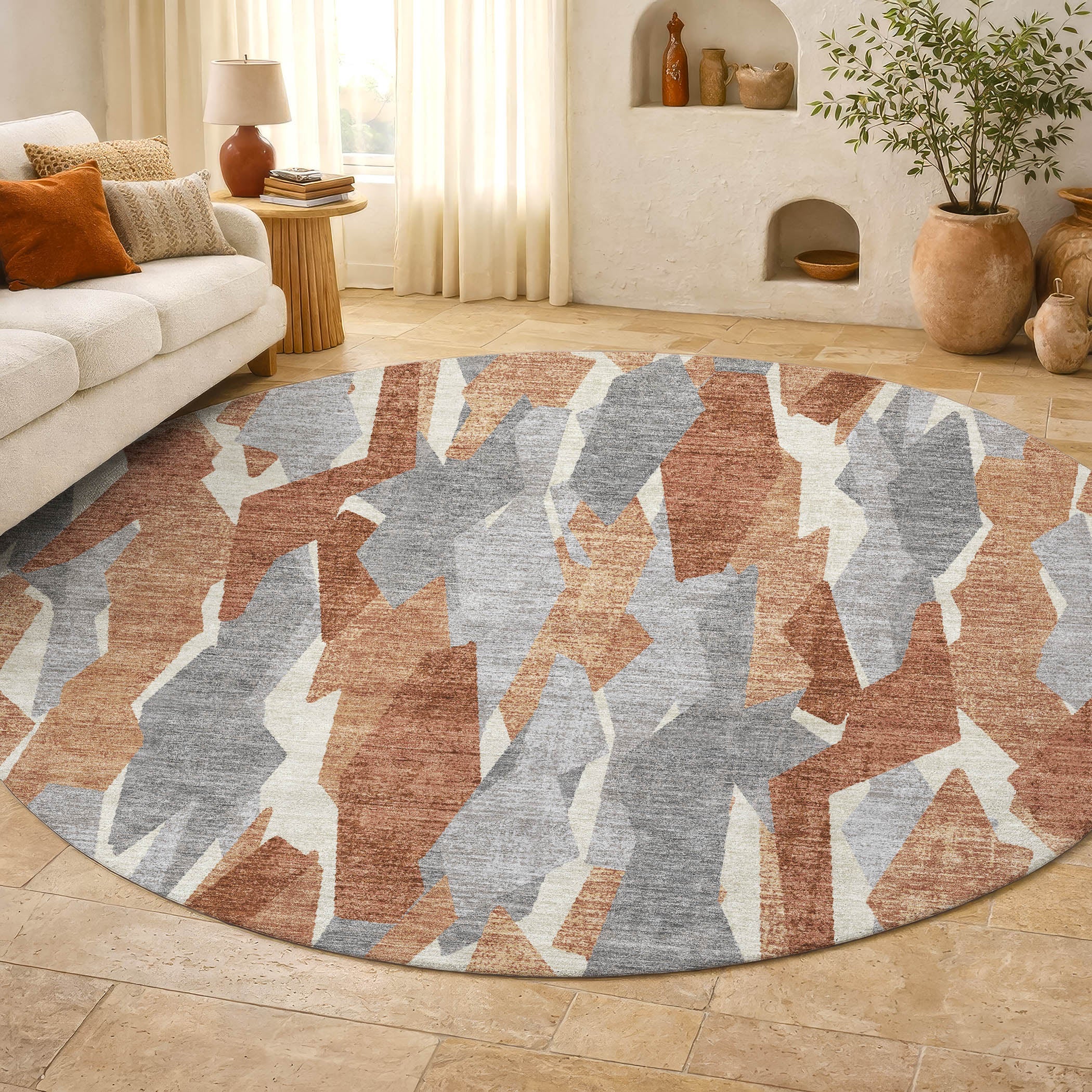 Lima Machine Washable Transitional Paprika Orange Rug 8' x 8' #shape_Round