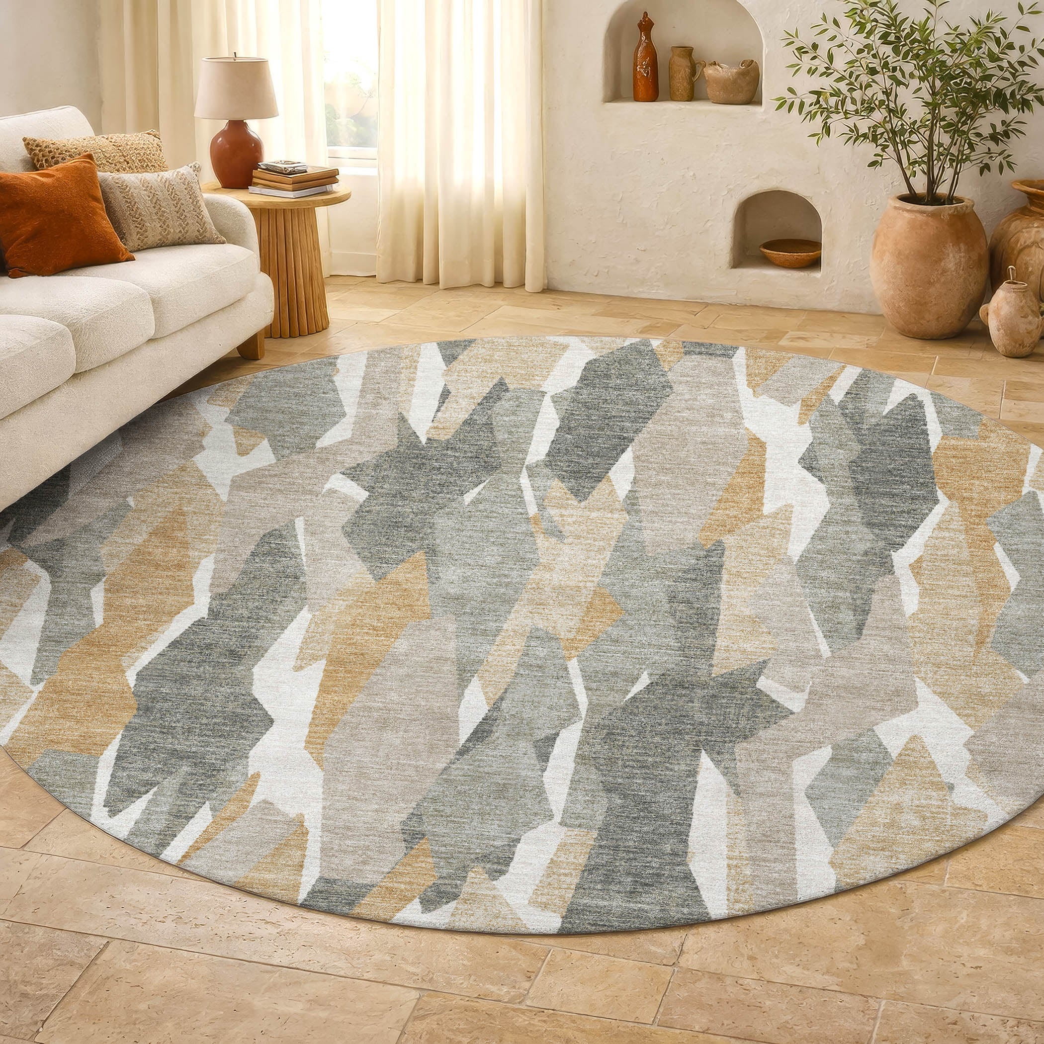 Lima Machine Washable Transitional Pewter Gray Rug 8' x 8' #shape_Round