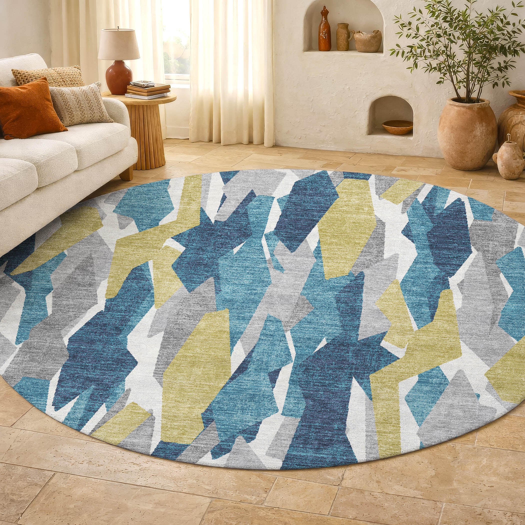 Lima Machine Washable Transitional Teal Rug 8' x 8' #shape_Round