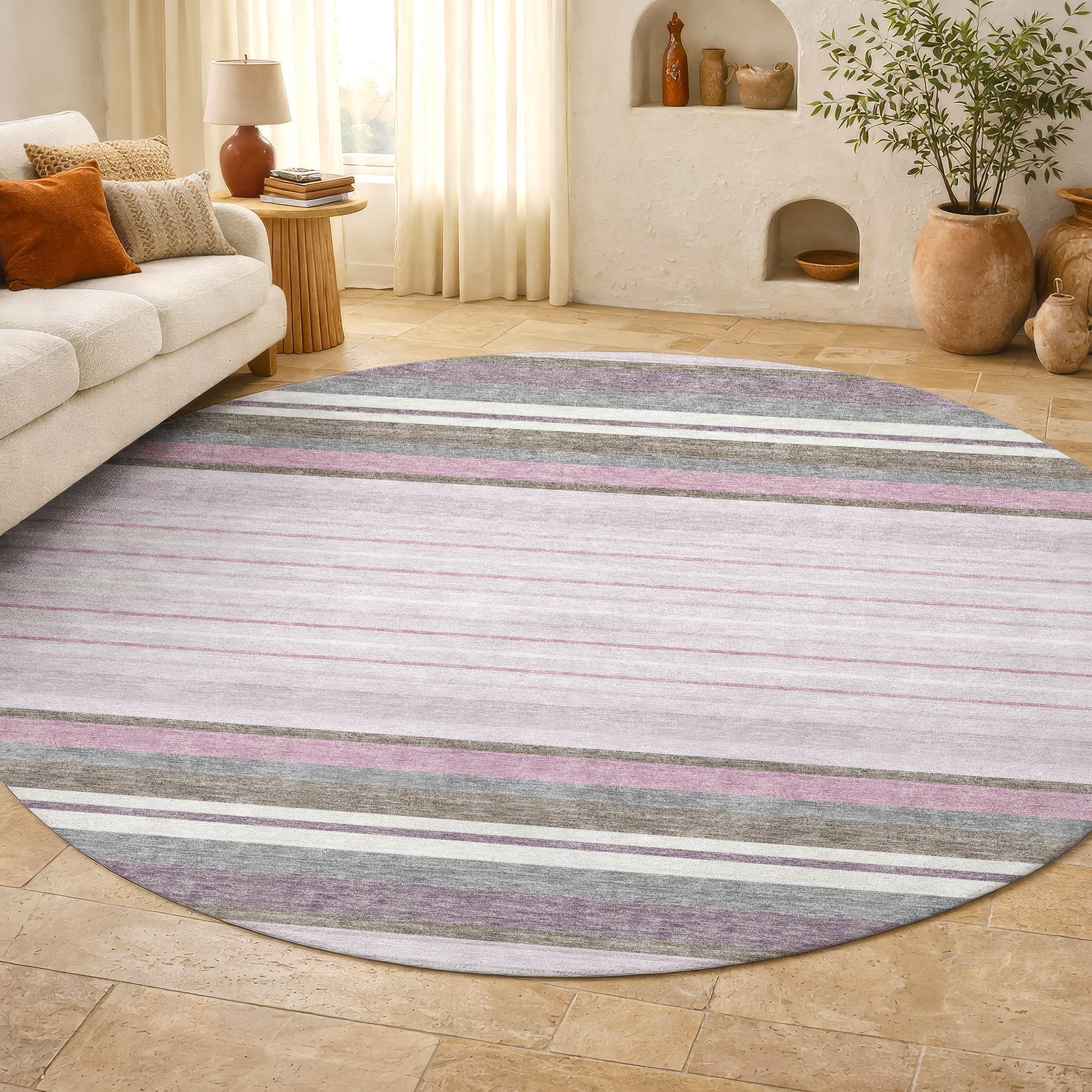 Sarajevo Machine Washable Transitional Blush Pink Rug 8' x 8' #shape_Round