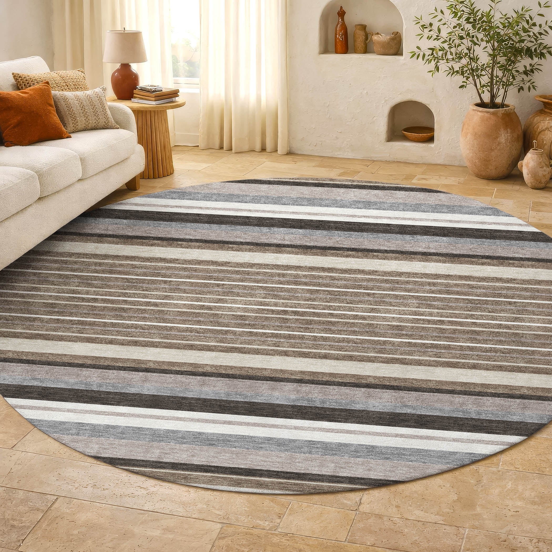 Sarajevo Machine Washable Transitional Taupe Brown Rug 8' x 8' #shape_Round