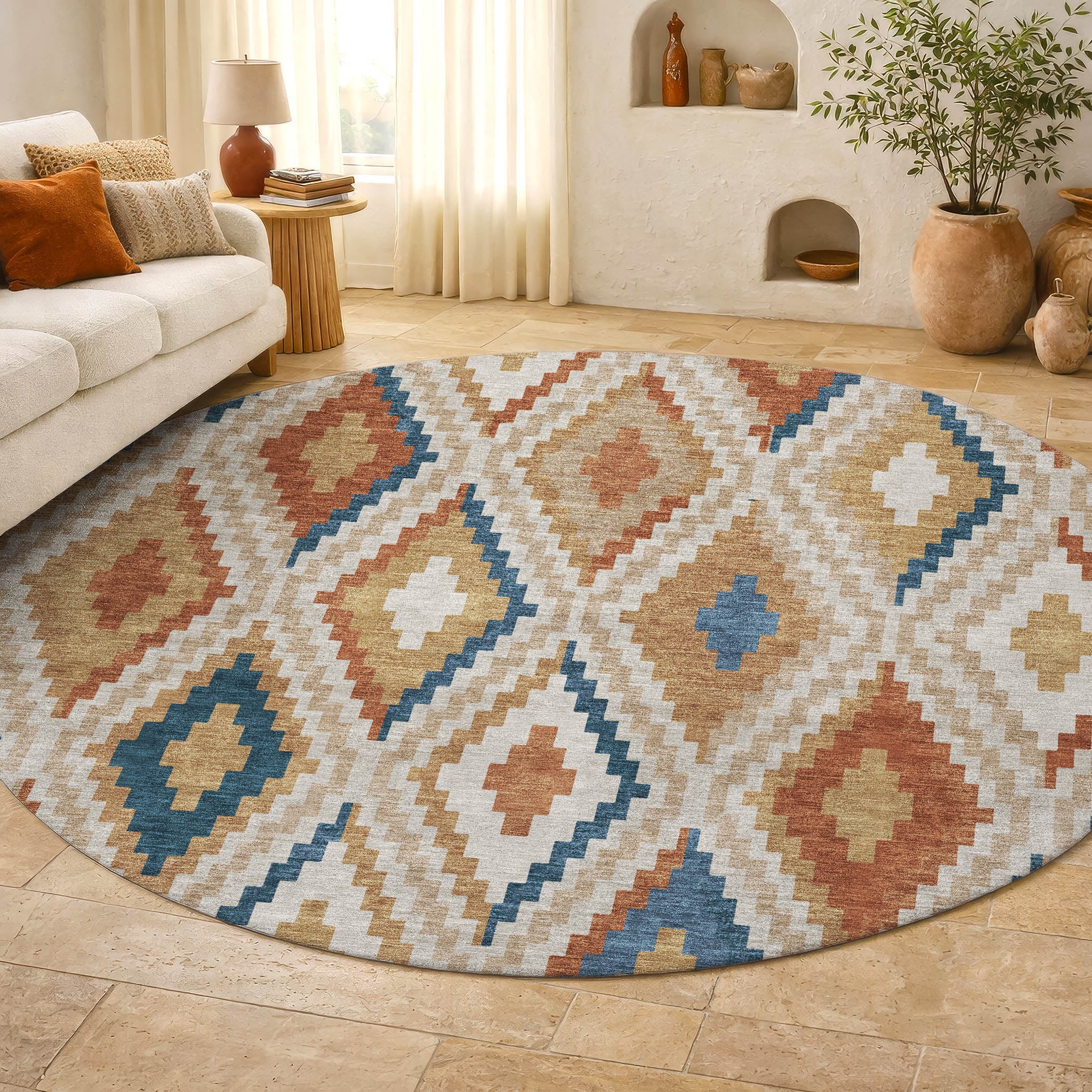 Kathmandu Machine Washable Transitional Beige Brown Rug 8' x 8' #shape_Round