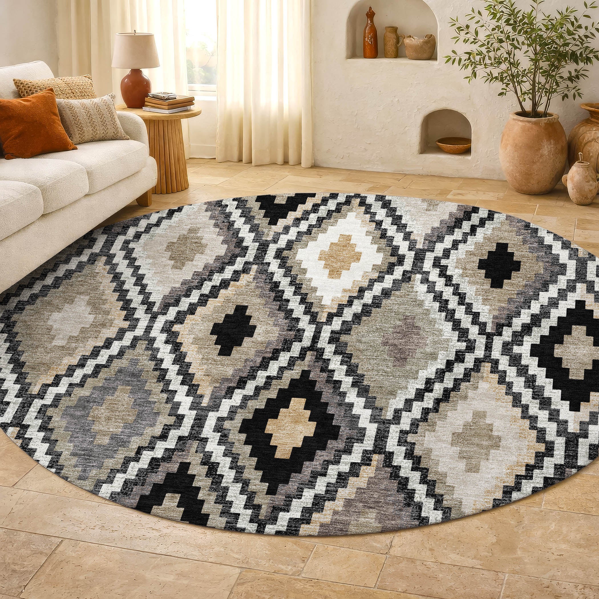 Kathmandu Machine Washable Transitional Black Rug 8' x 8' #shape_Round
