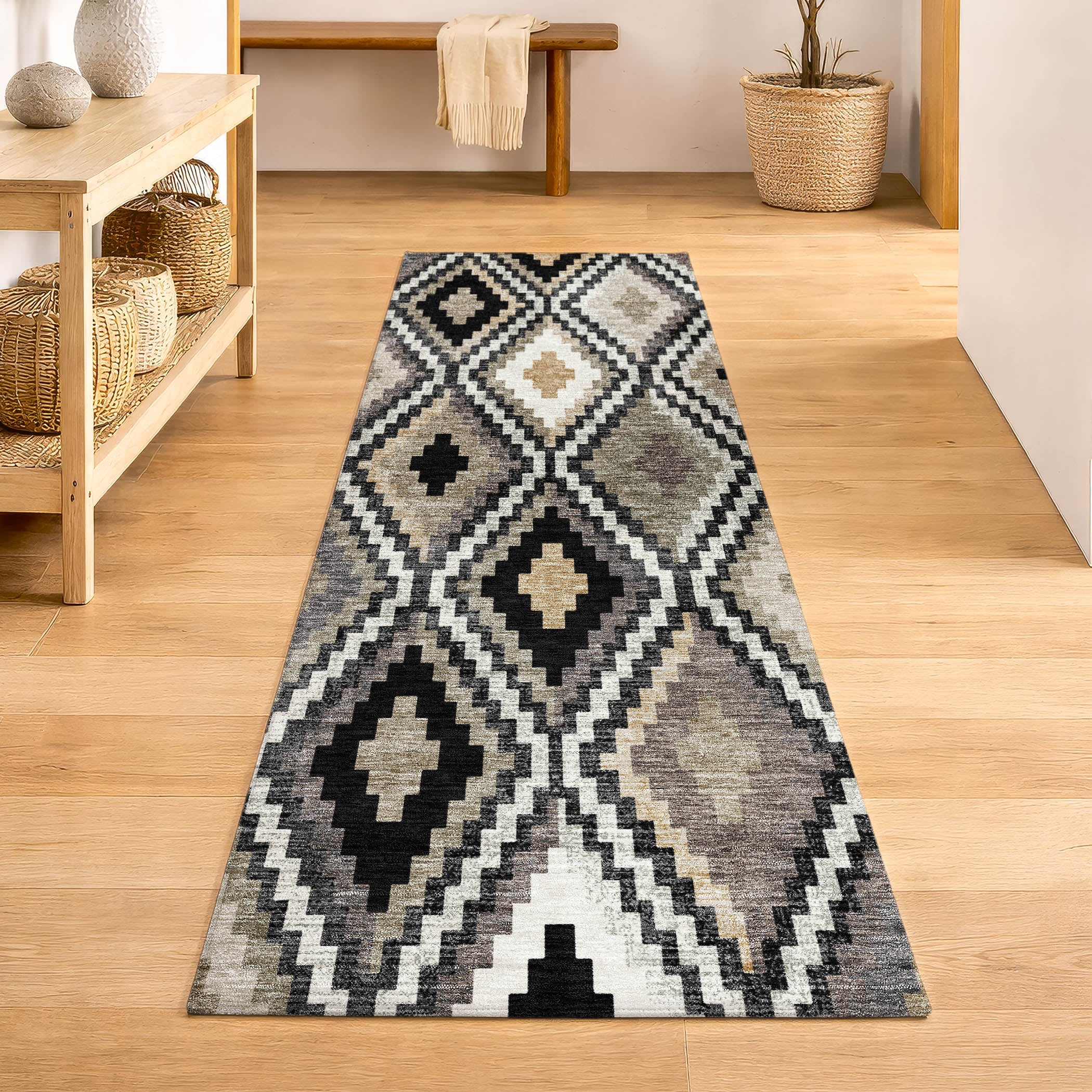 Kathmandu Machine Washable Transitional Black Rug 2'3" x 7'6" #shape_Runner
