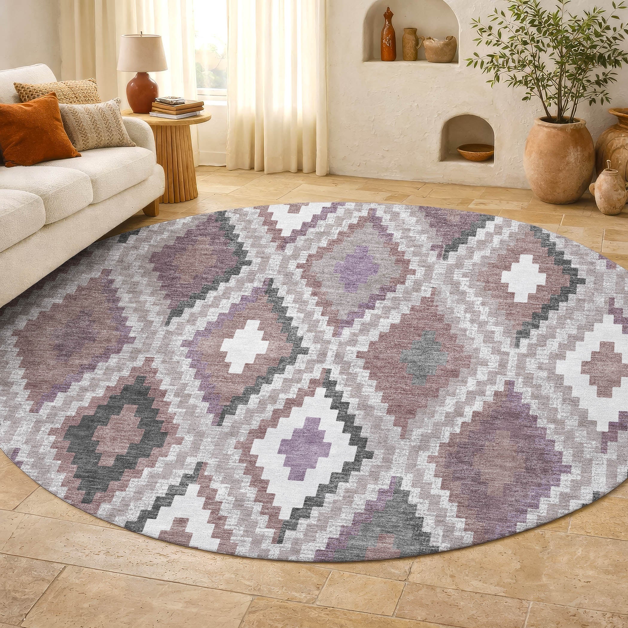 Kathmandu Machine Washable Transitional Blush Pink Rug 8' x 8' #shape_Round