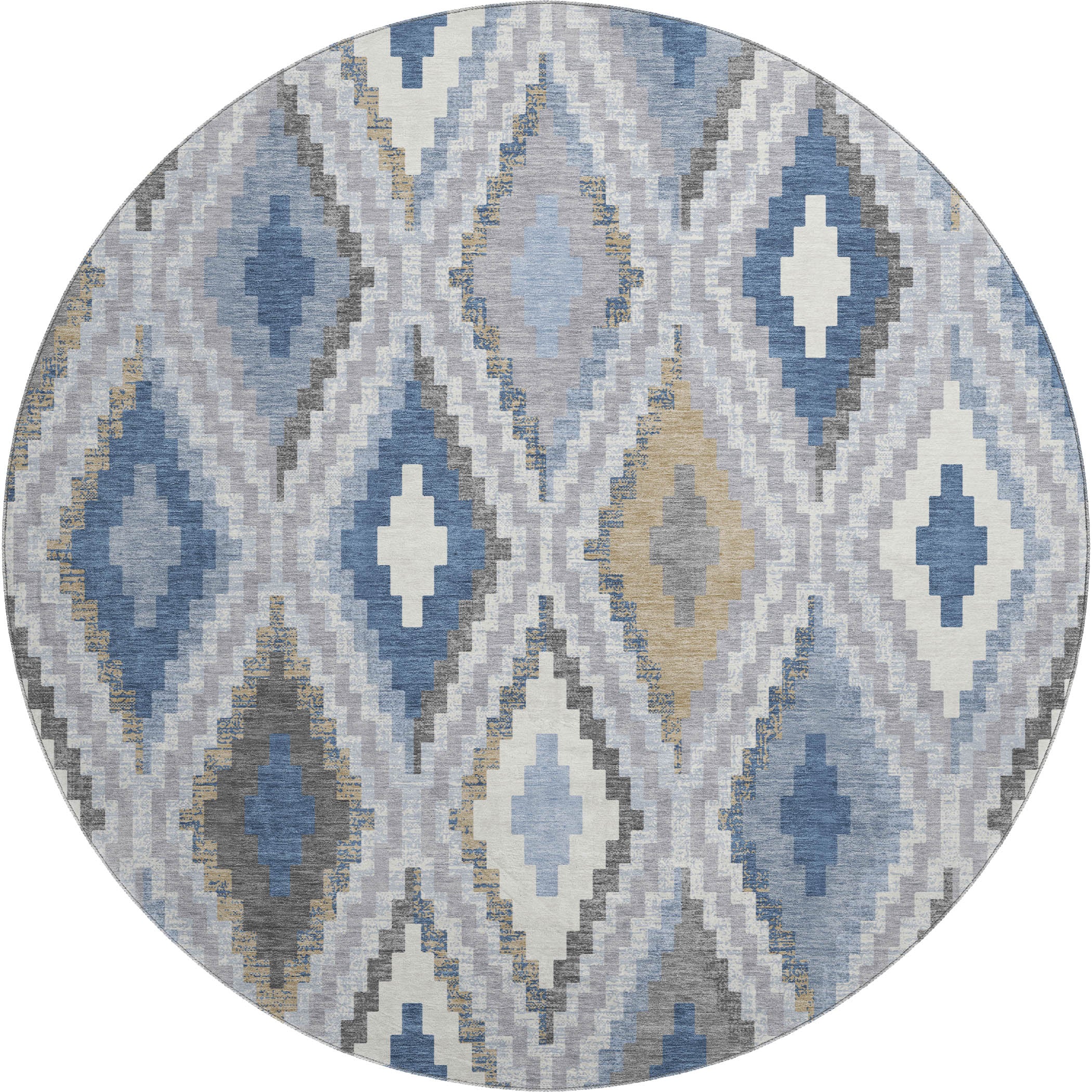Kathmandu Machine Washable Transitional Denim Blue Rug 8' x 8' #shape_Round