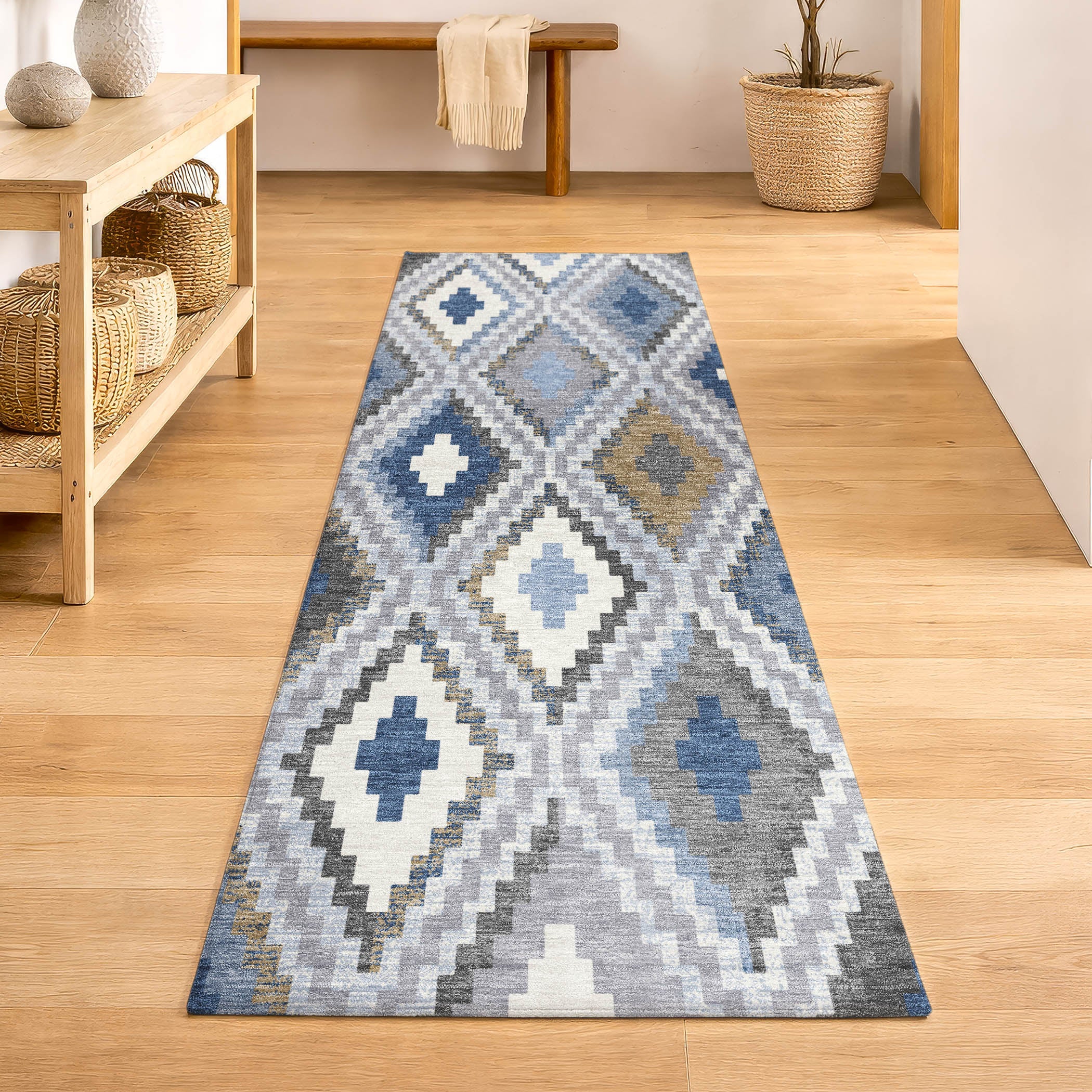 Kathmandu Machine Washable Transitional Denim Blue Rug 2'3" x 7'6" #shape_Runner