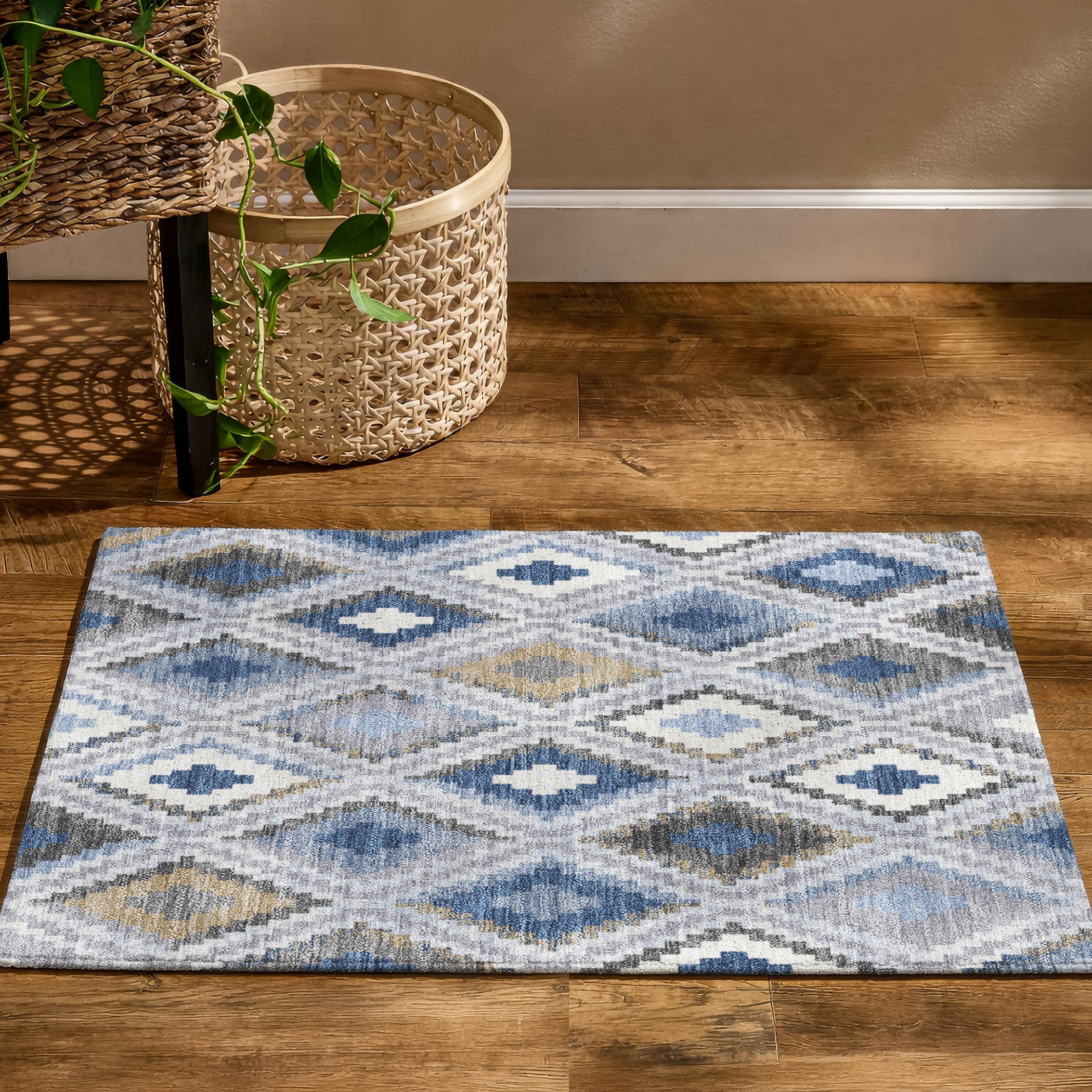 Kathmandu Machine Washable Transitional Denim Blue Rug 1'8" x 2'6" #shape_Rectangle