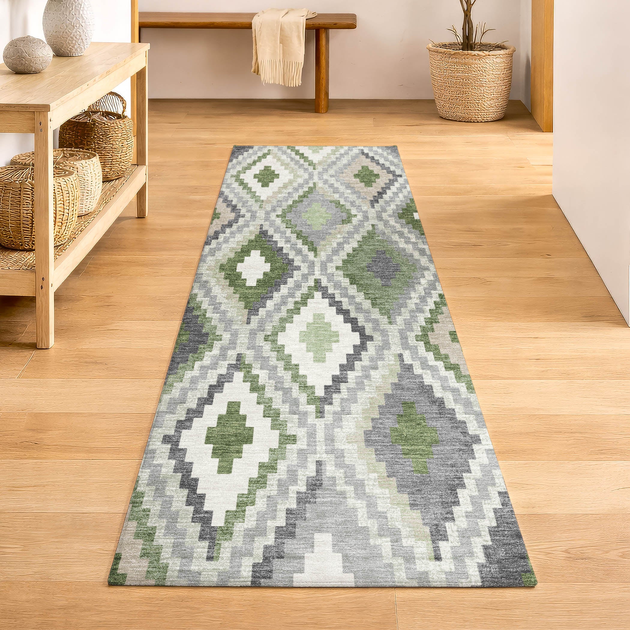 Kathmandu Machine Washable Transitional Fern Green Rug 2'3" x 7'6" #shape_Runner