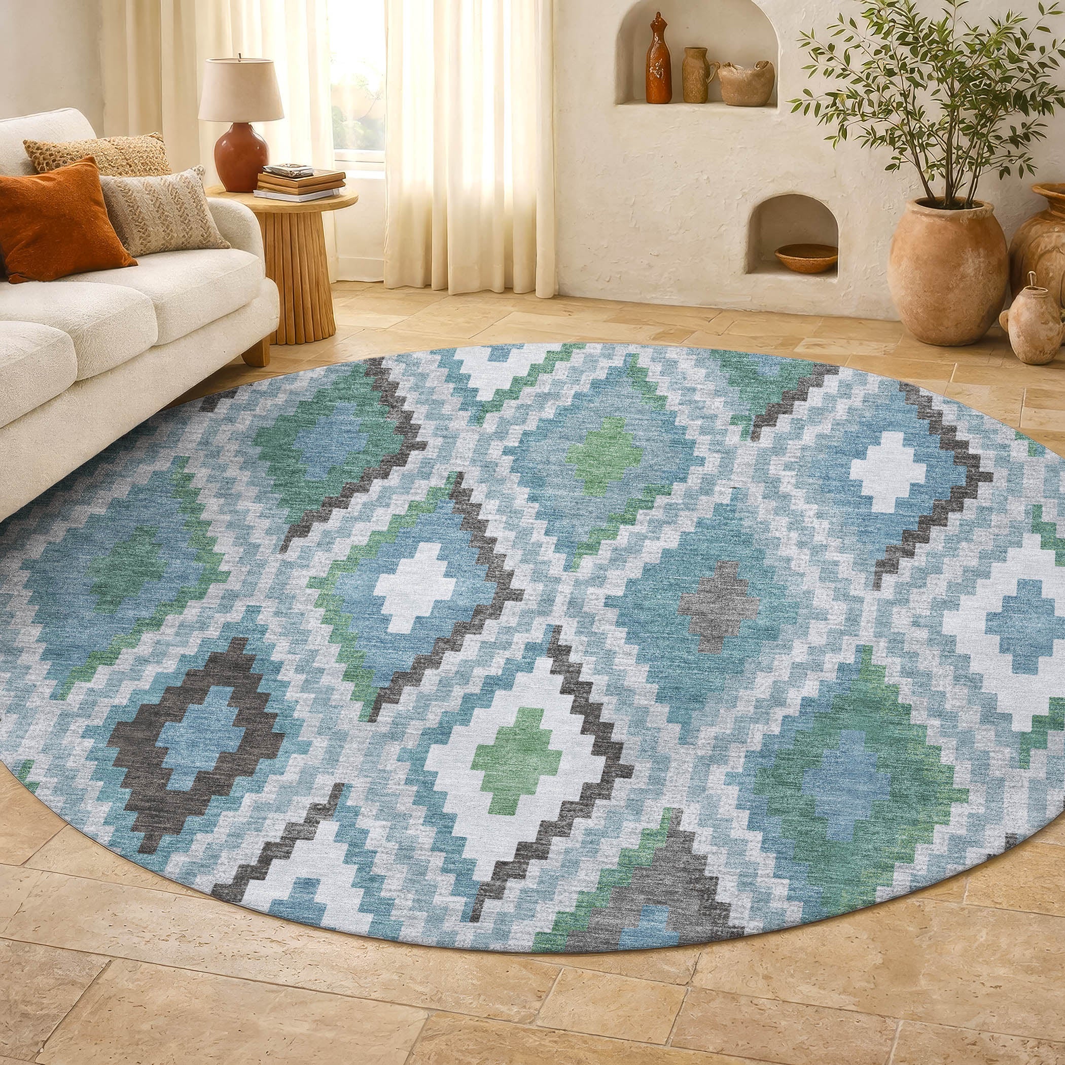 Kathmandu Machine Washable Transitional Teal Rug 8' x 8' #shape_Round