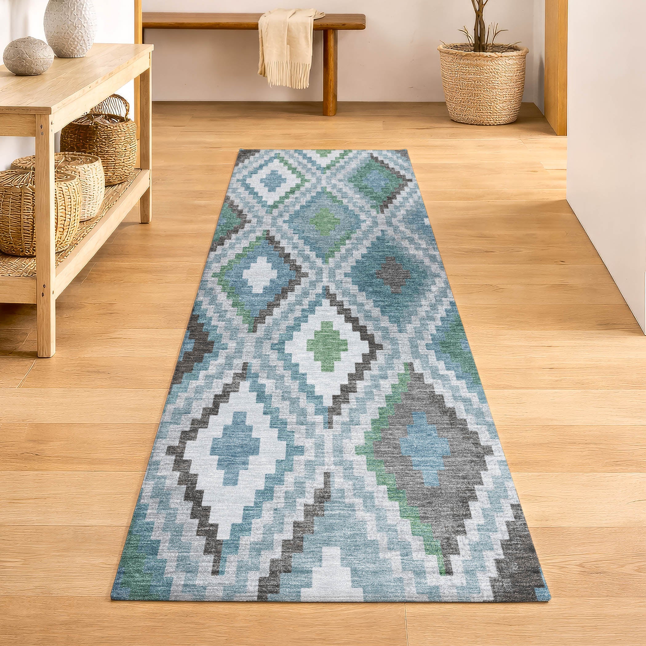 Kathmandu Machine Washable Transitional Teal Rug 2'3" x 7'6" #shape_Runner