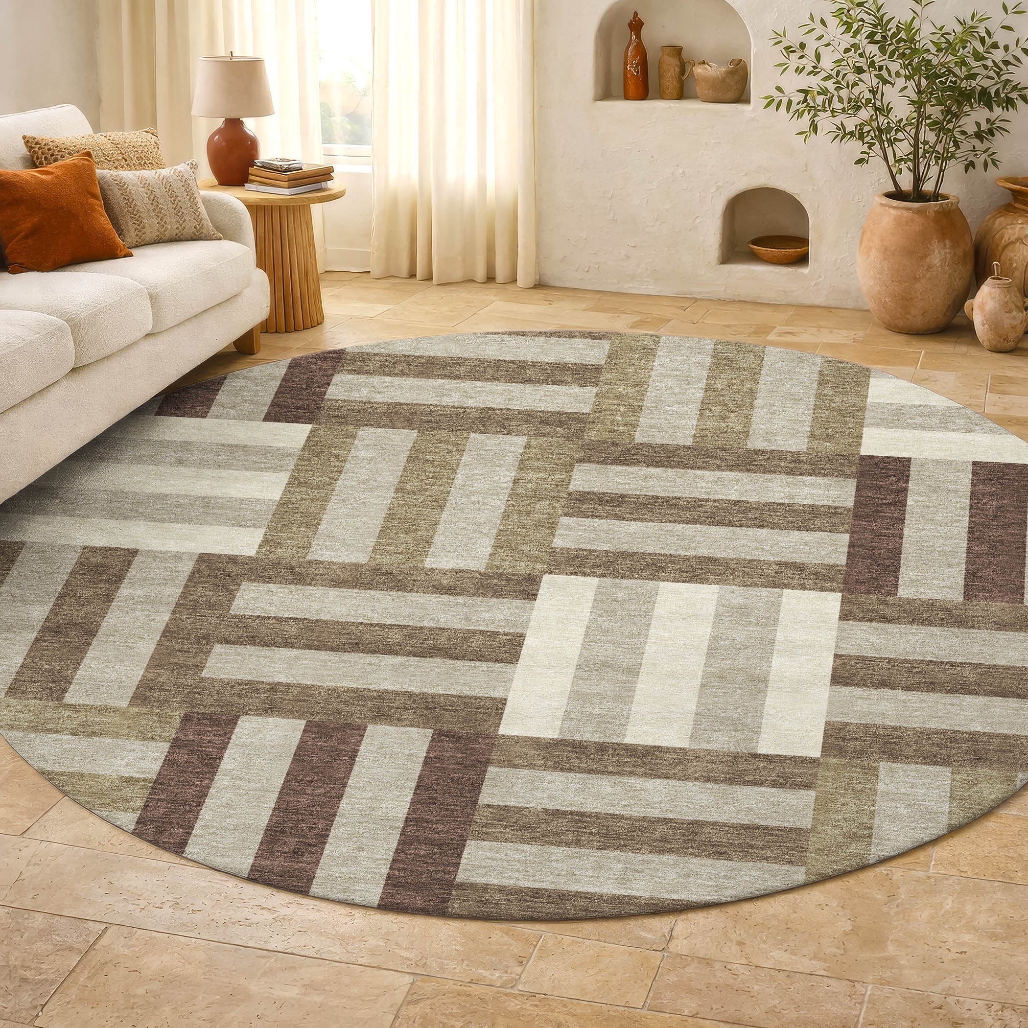Bruges Machine Washable Transitional Brown Rug 8' x 8' #shape_Round