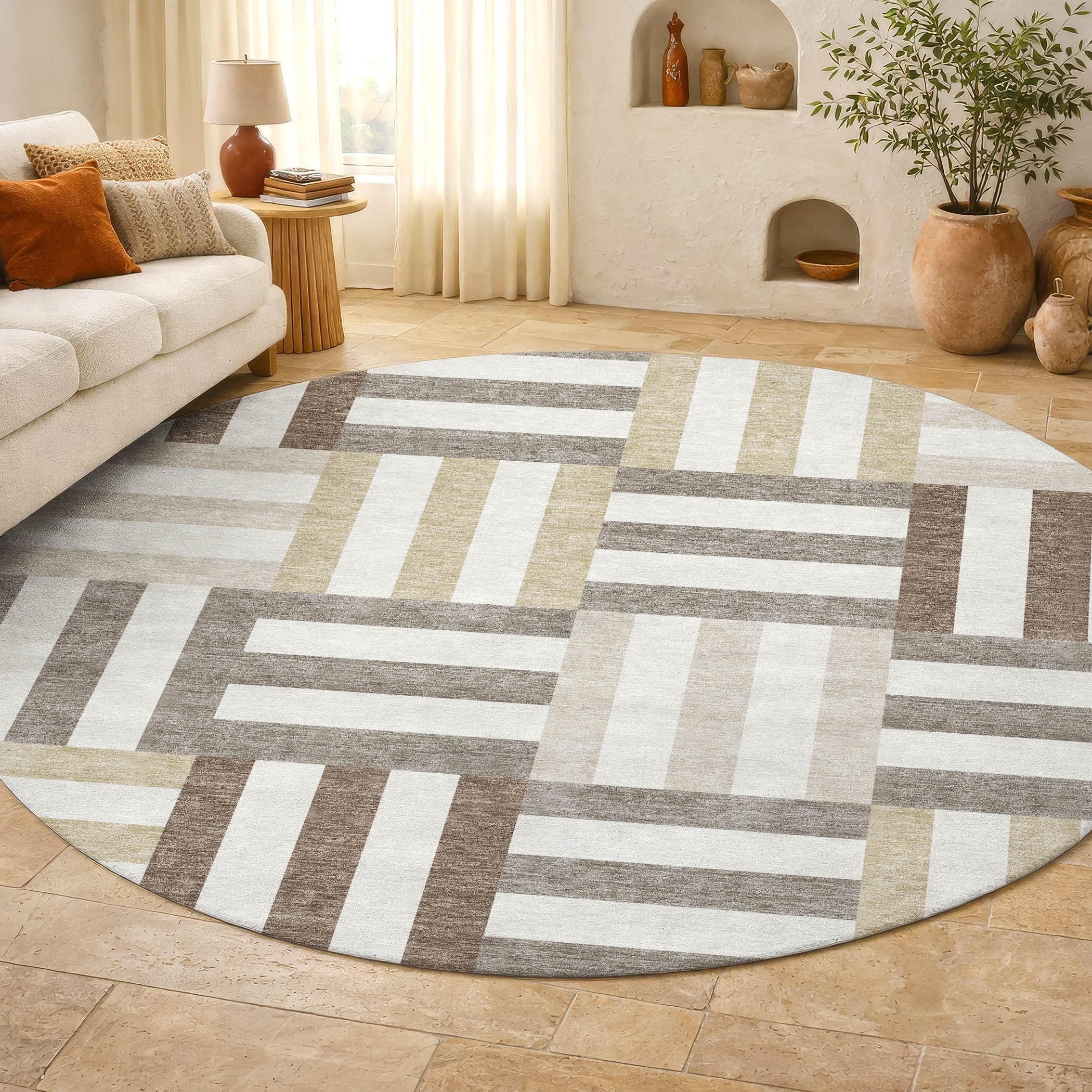 Bruges Machine Washable Transitional Ivory Rug 8' x 8' #shape_Round