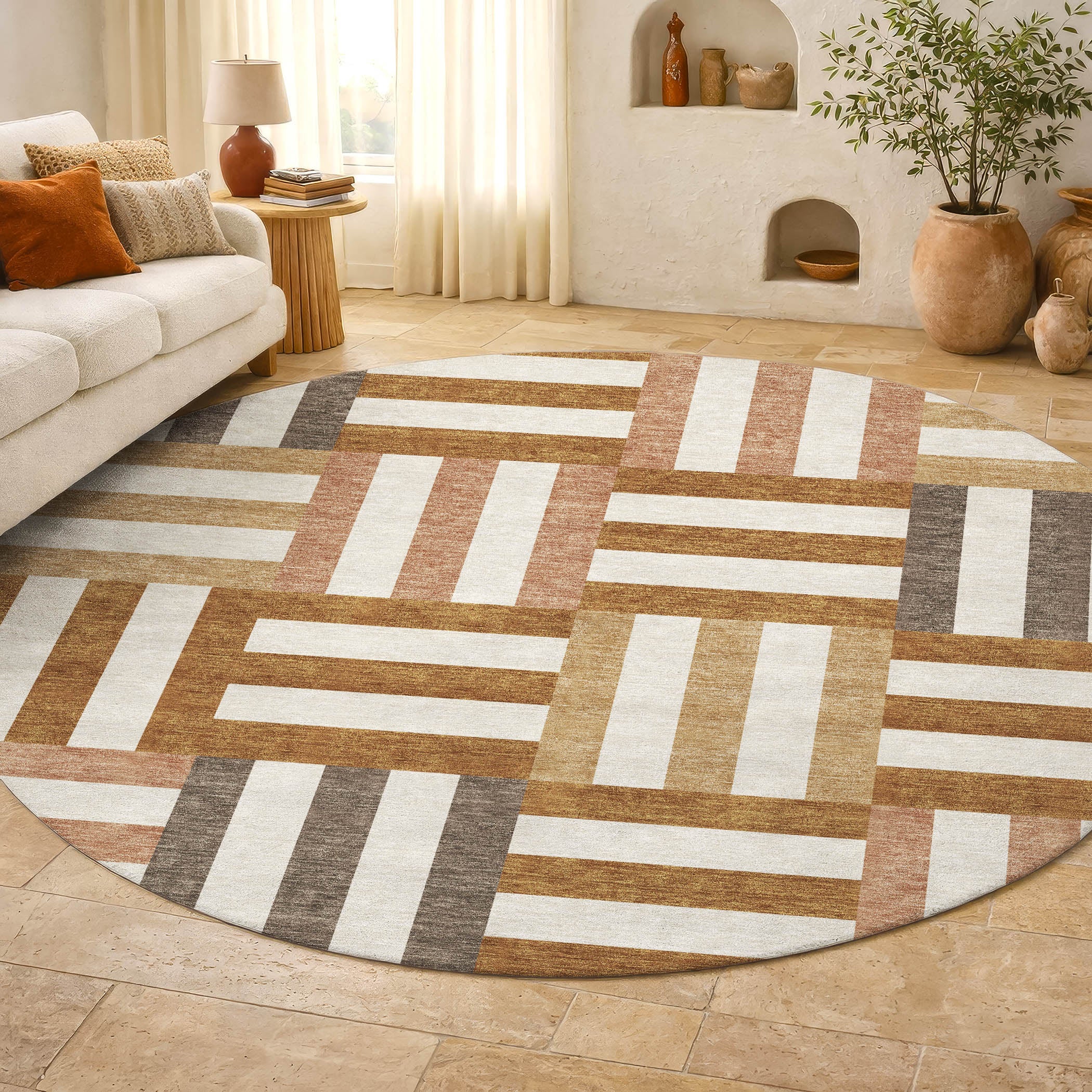 Bruges Machine Washable Transitional Paprika Orange Rug 8' x 8' #shape_Round