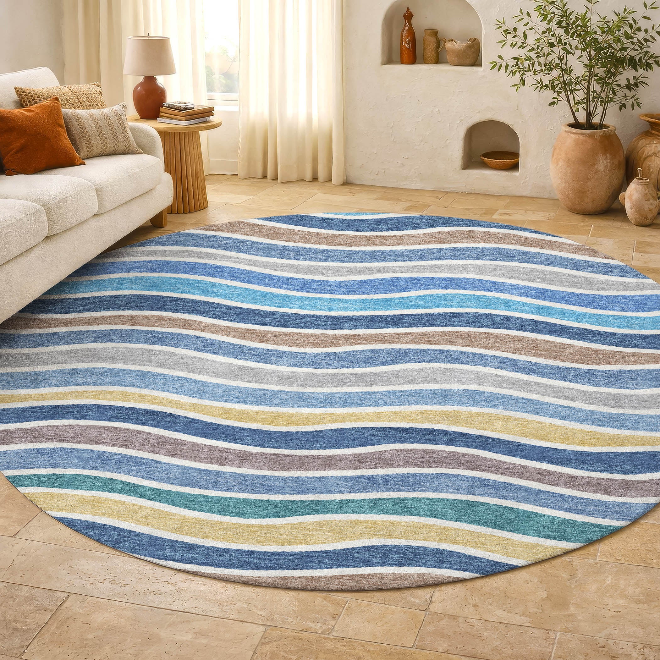 Marrakech Machine Washable Transitional Blue Rug 8' x 8' #shape_Round