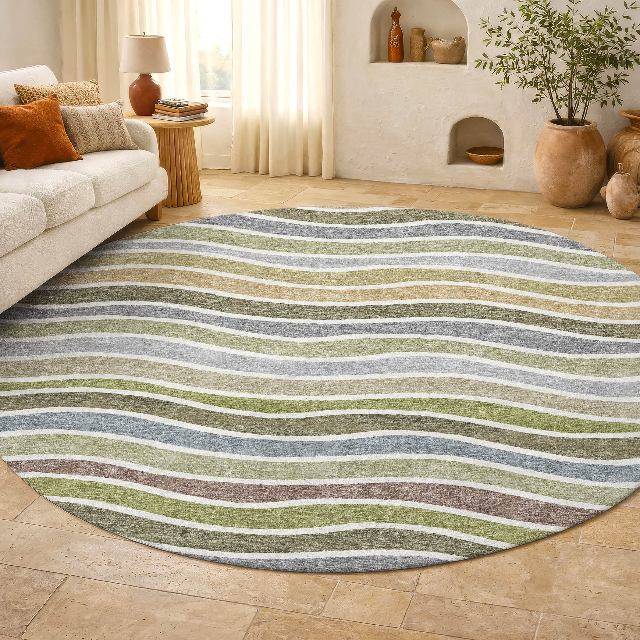Marrakech Machine Washable Transitional Fern Green Rug 8' x 8' #shape_Round