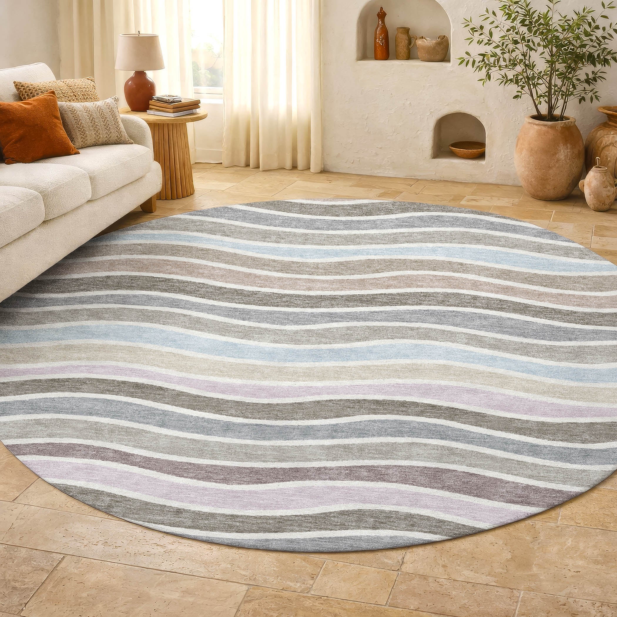 Marrakech Machine Washable Transitional Tan Brown Rug 8' x 8' #shape_Round