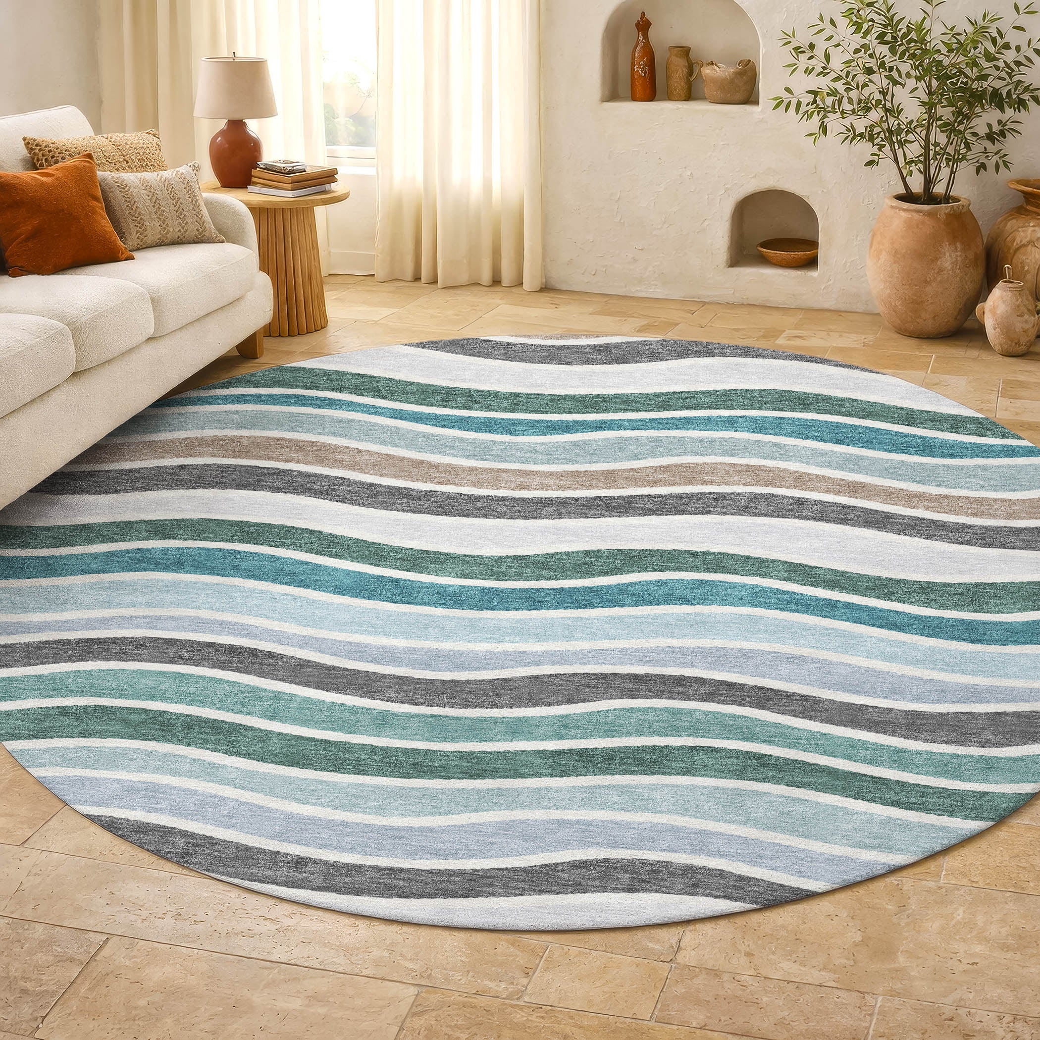 Marrakech Machine Washable Transitional Teal Rug 8' x 8' #shape_Round