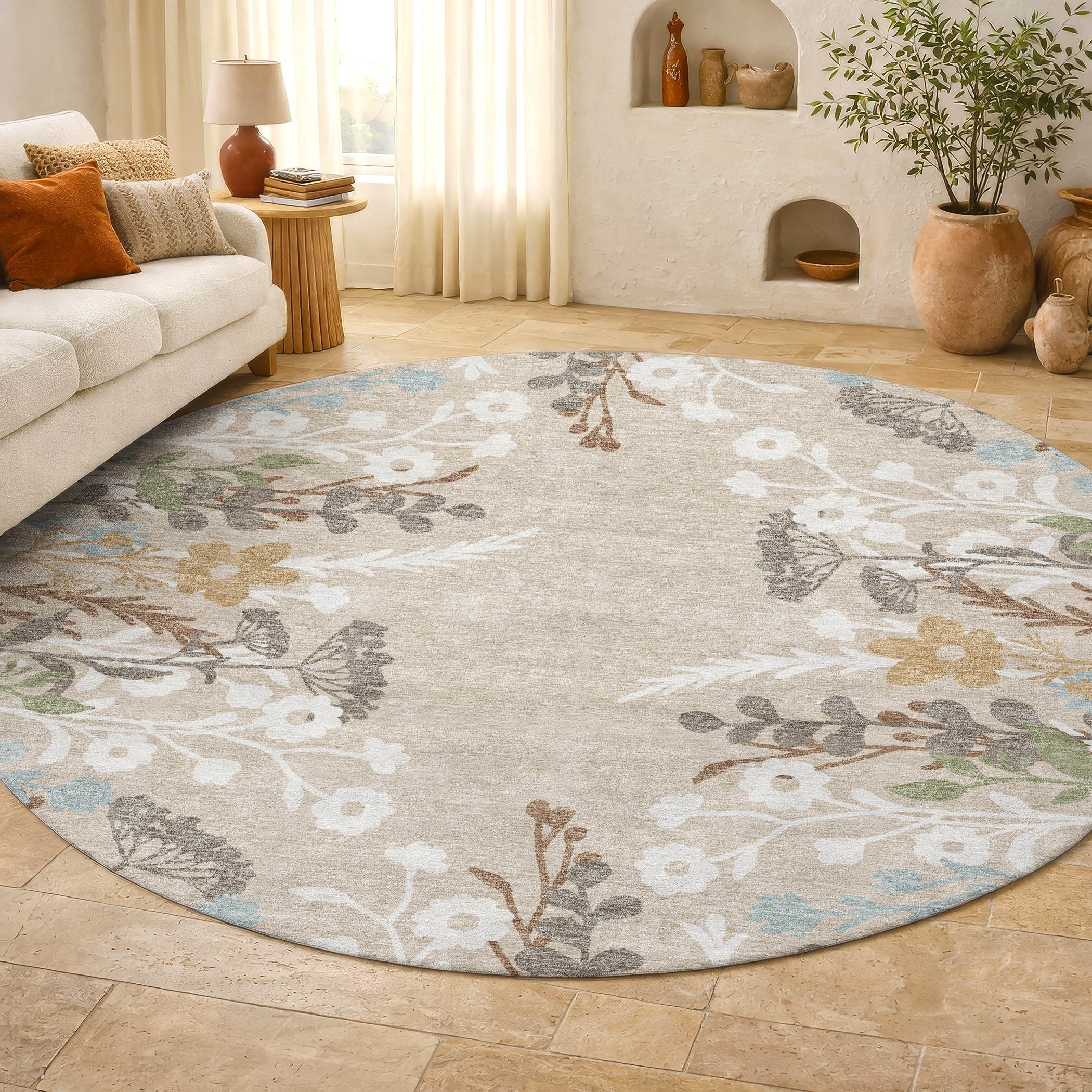 Mostar Machine Washable Transitional Beige Brown Rug 8' x 8' #shape_Round