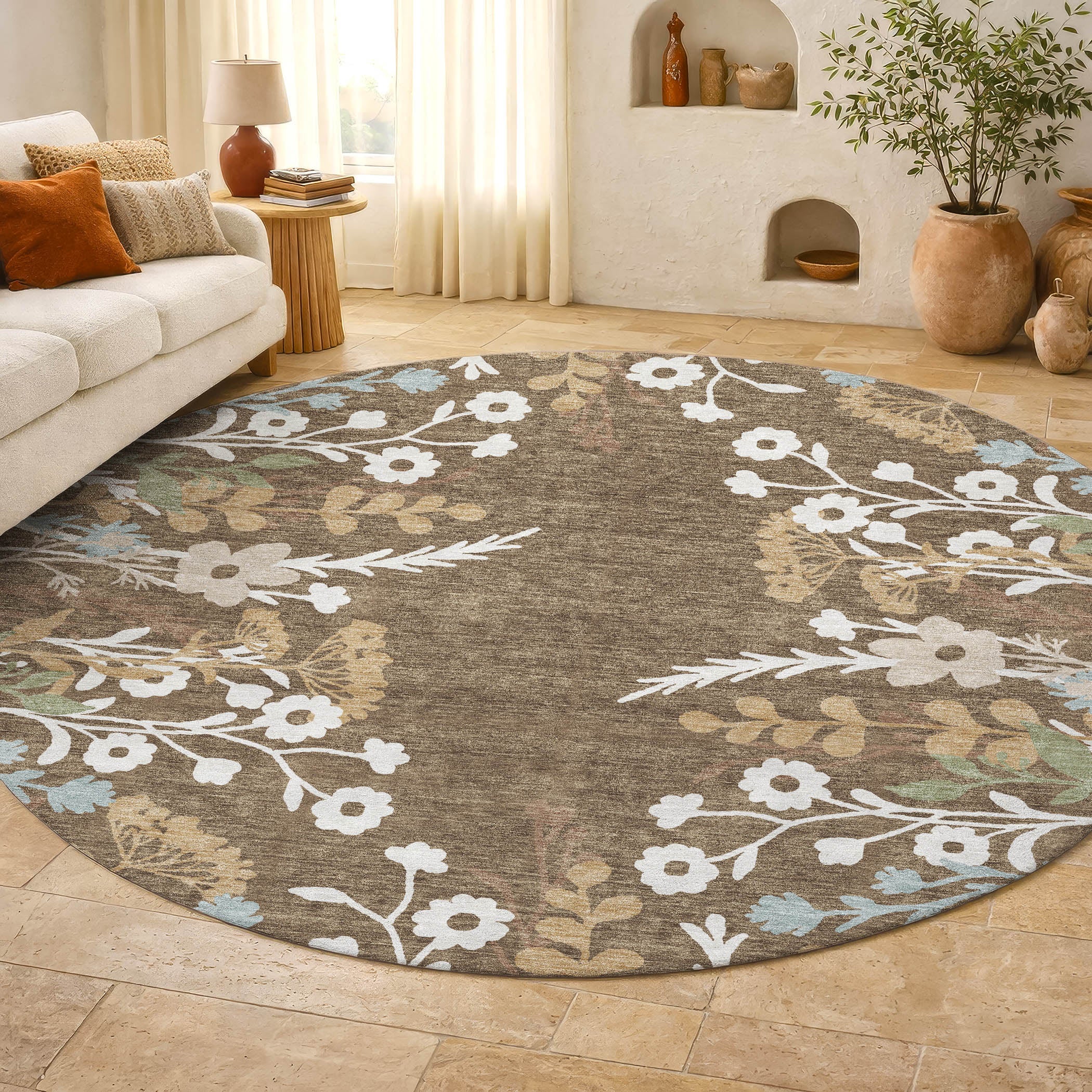 Mostar Machine Washable Transitional Chocolate Brown Rug 8' x 8' #shape_Round