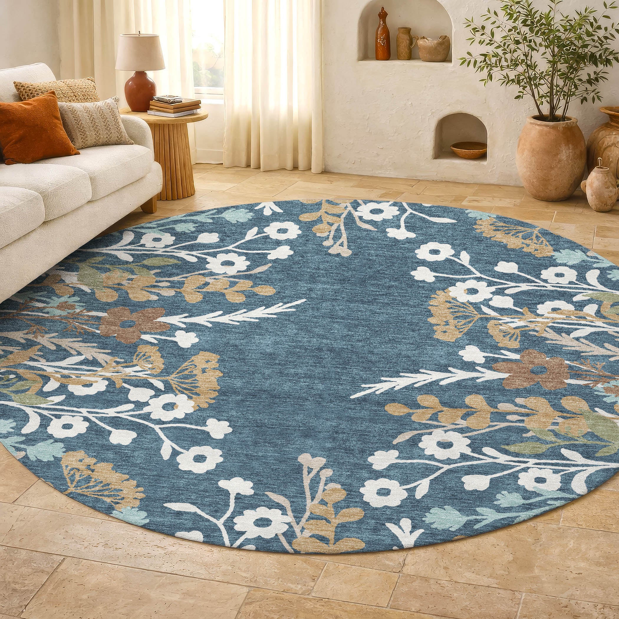Mostar Machine Washable Transitional Denim Blue Rug 8' x 8' #shape_Round