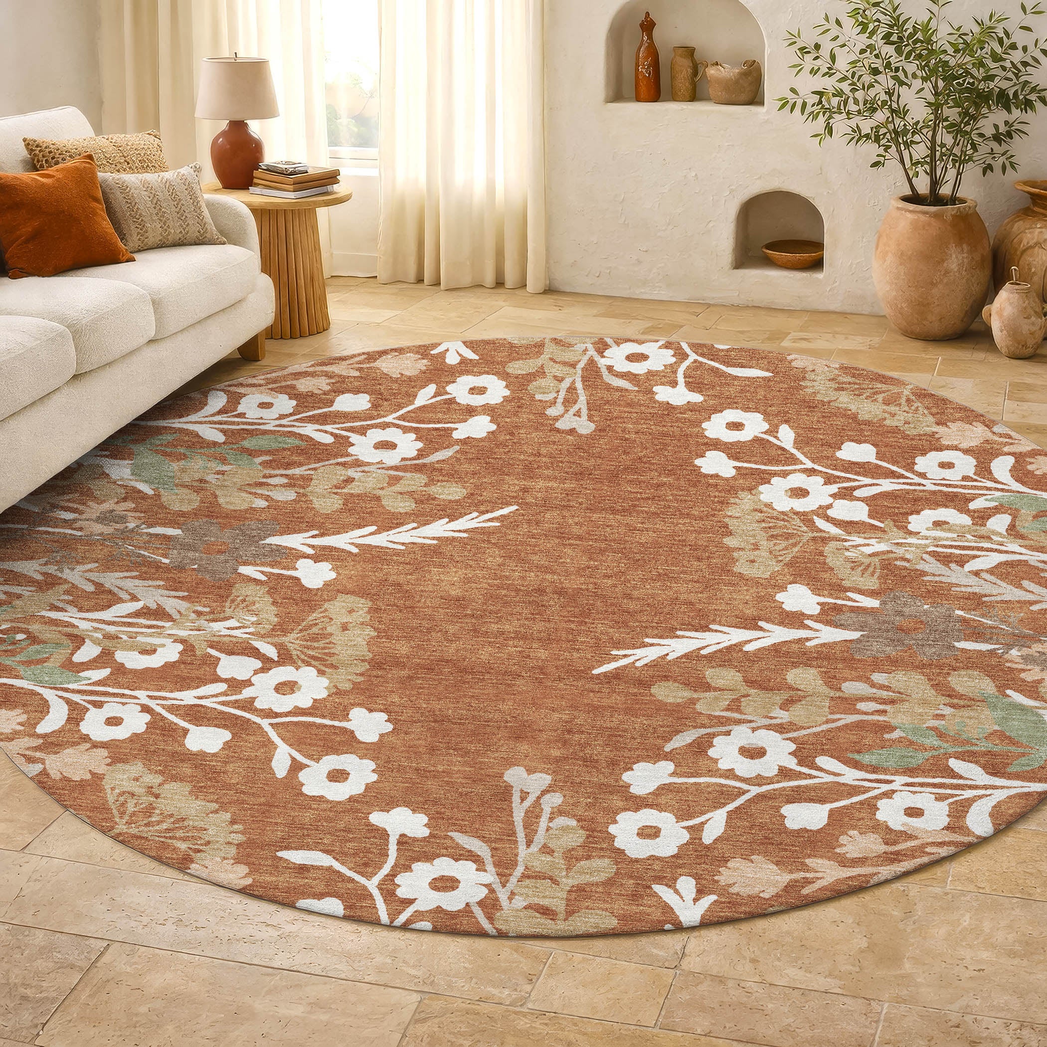 Mostar Machine Washable Transitional Paprika Orange Rug 8' x 8' #shape_Round