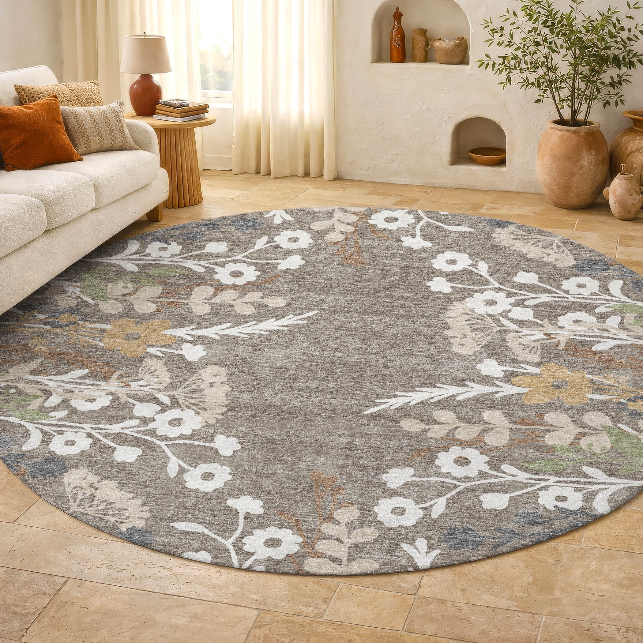 Mostar Machine Washable Transitional Taupe Brown Rug 8' x 8' #shape_Round