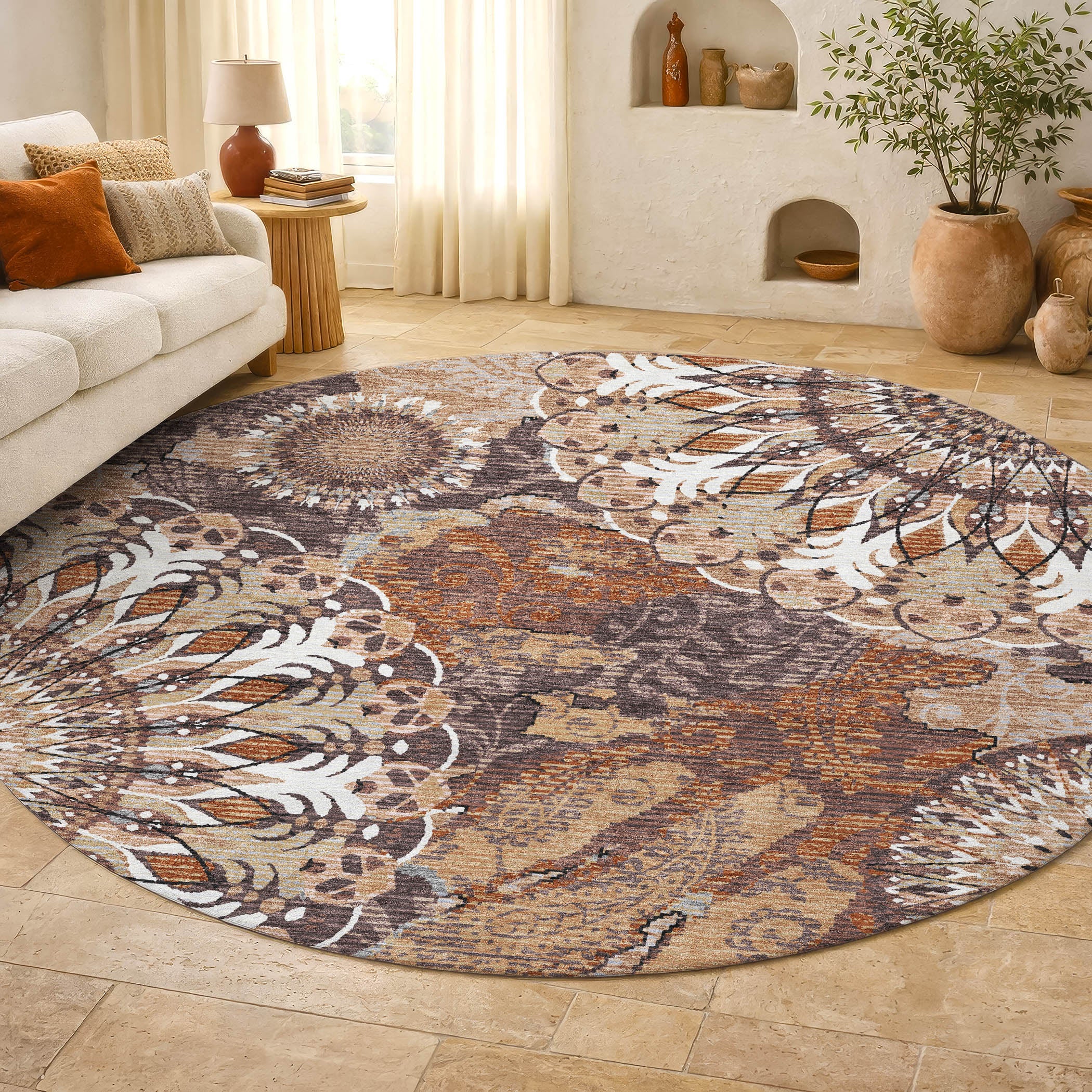 Marrakech Machine Washable Transitional Copper Orange Rug 8' x 8' #shape_Round