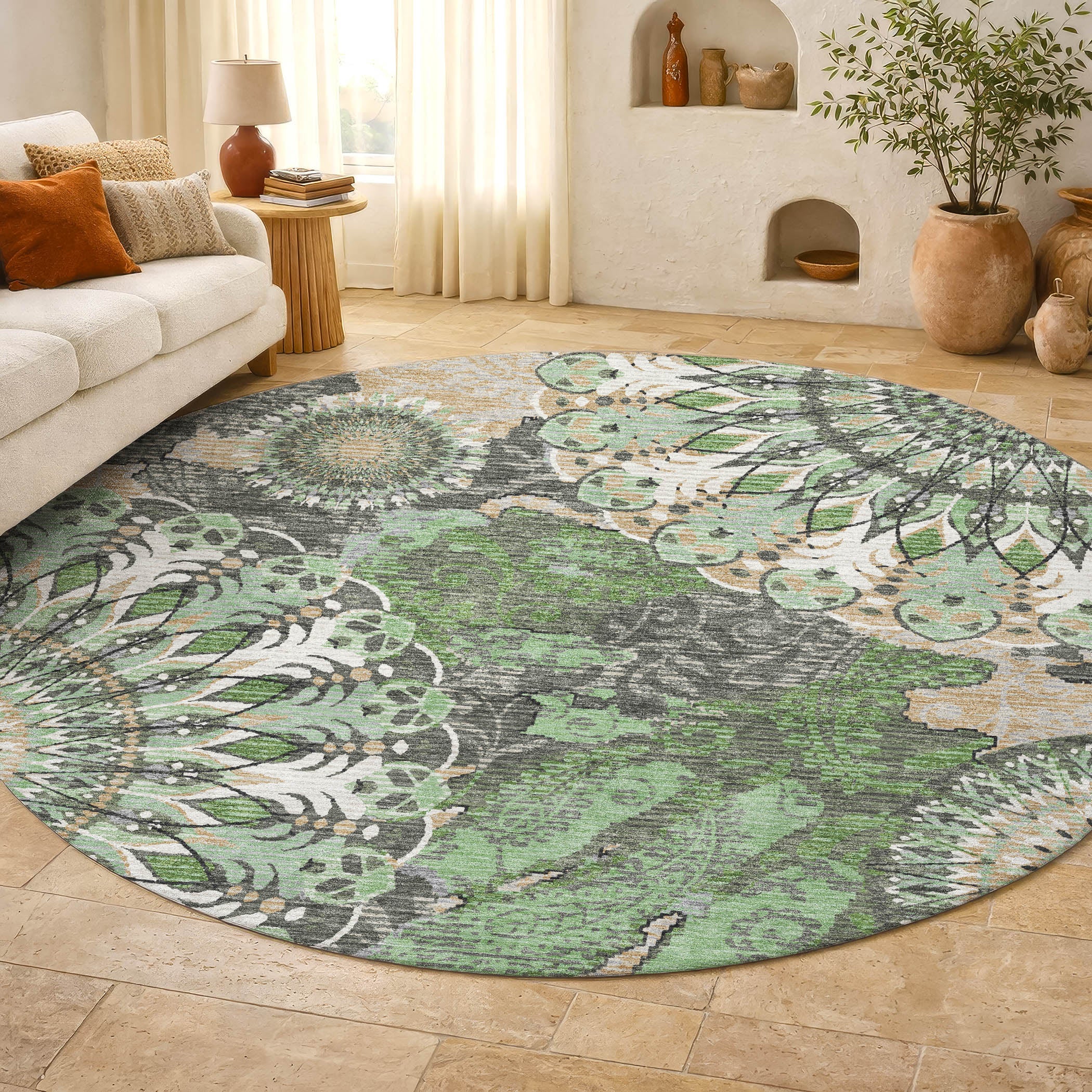 Marrakech Machine Washable Transitional Green Rug 8' x 8' #shape_Round