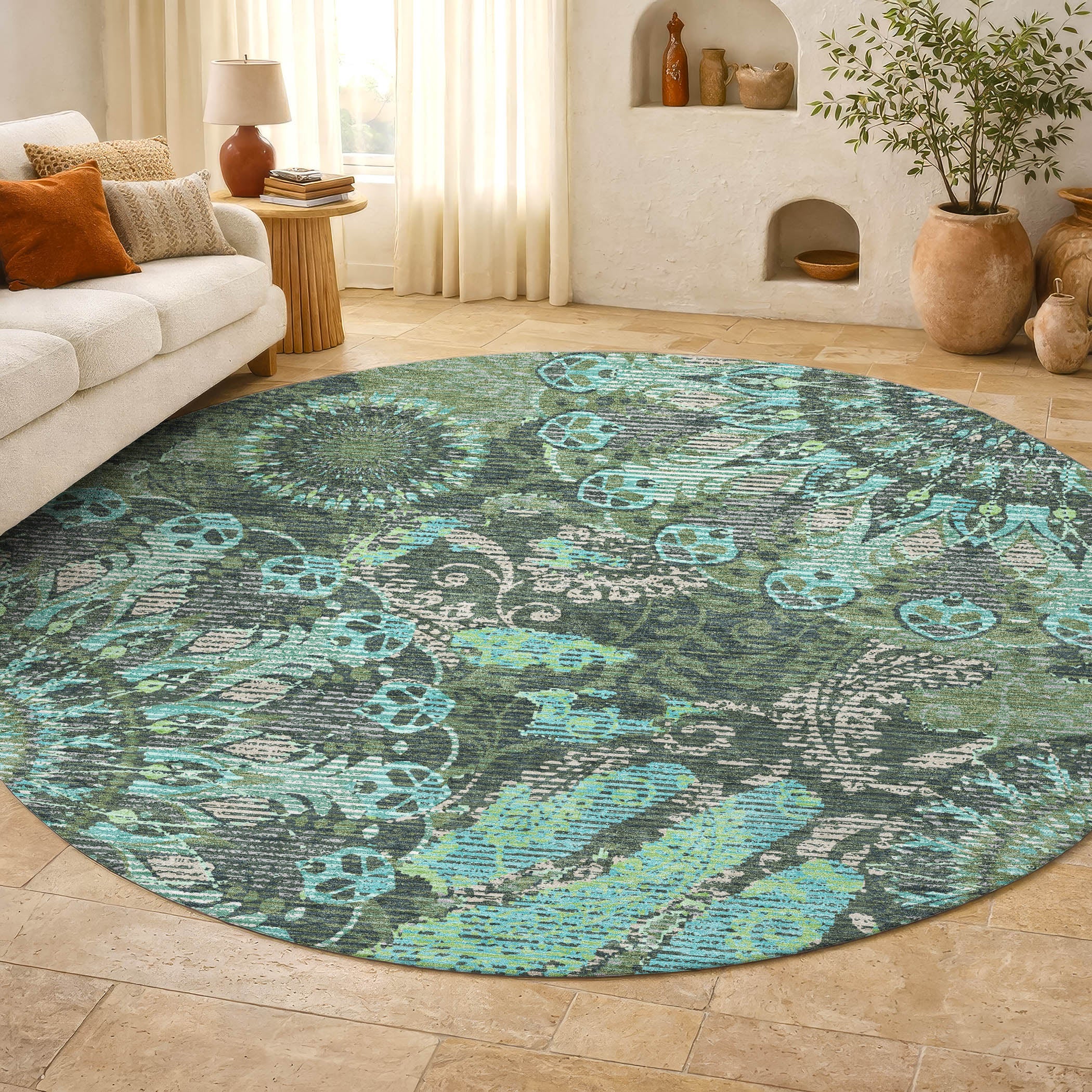 Marrakech Machine Washable Transitional Olive Green Rug 8' x 8' #shape_Round