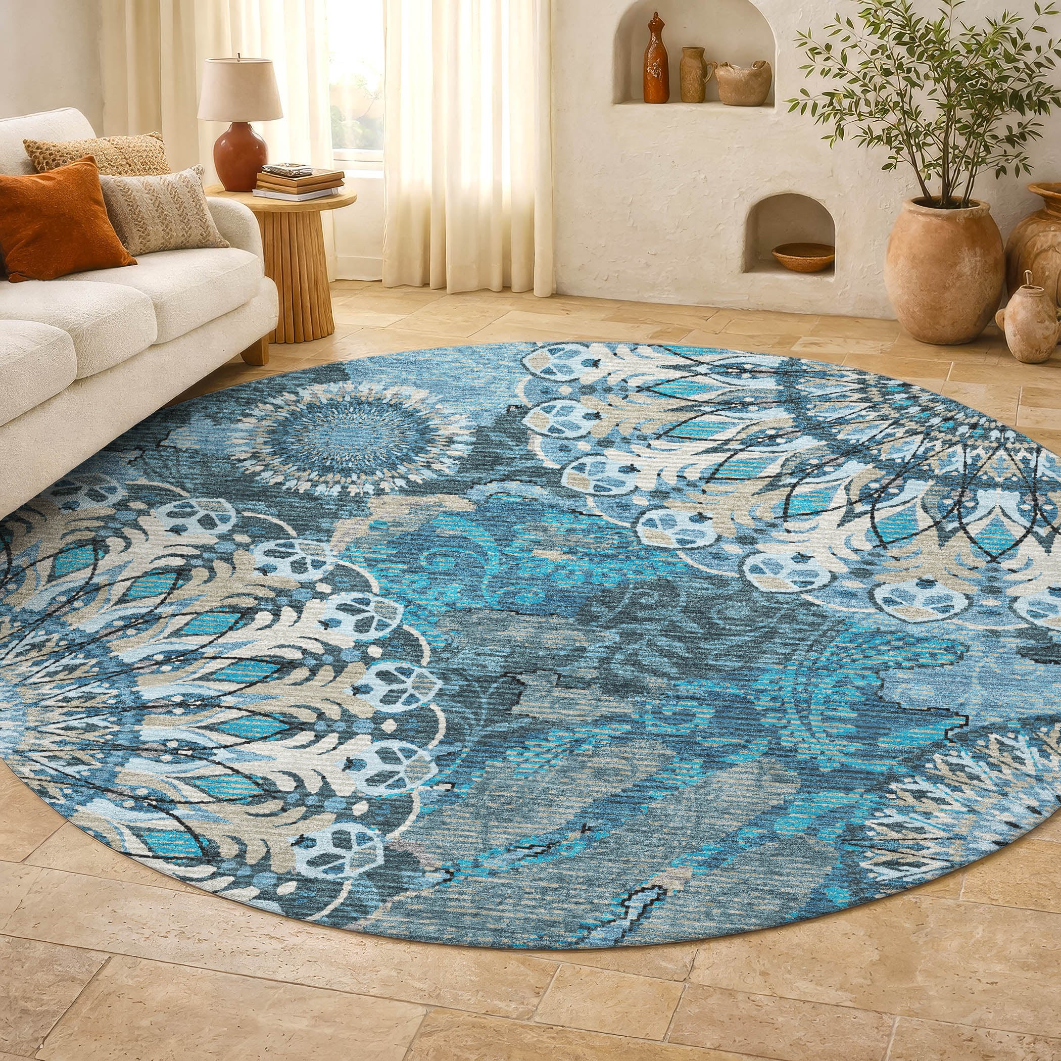 Marrakech Machine Washable Transitional Teal Rug 8' x 8' #shape_Round