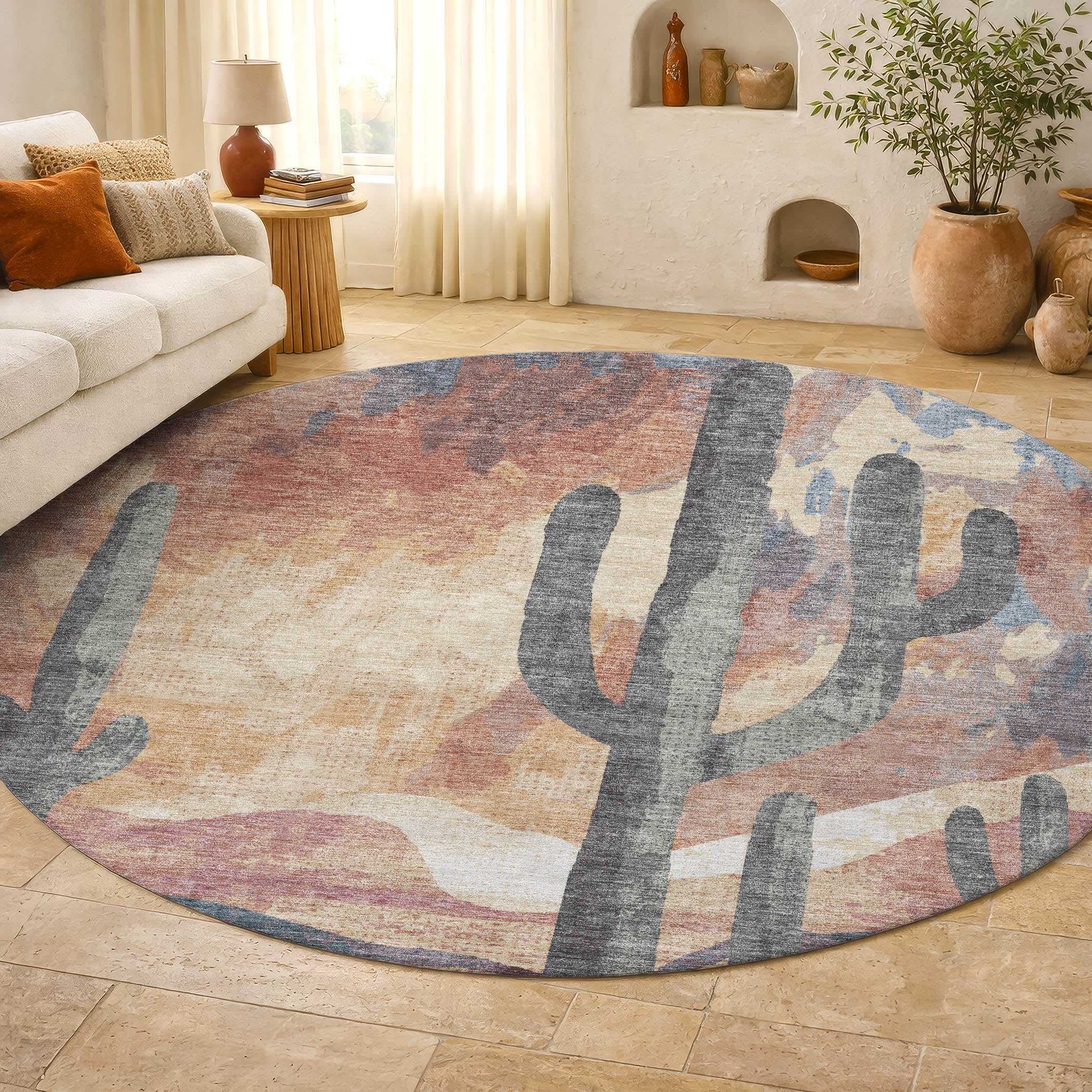 Cartagena Machine Washable Transitional Copper Orange Rug 8' x 8' #shape_Round