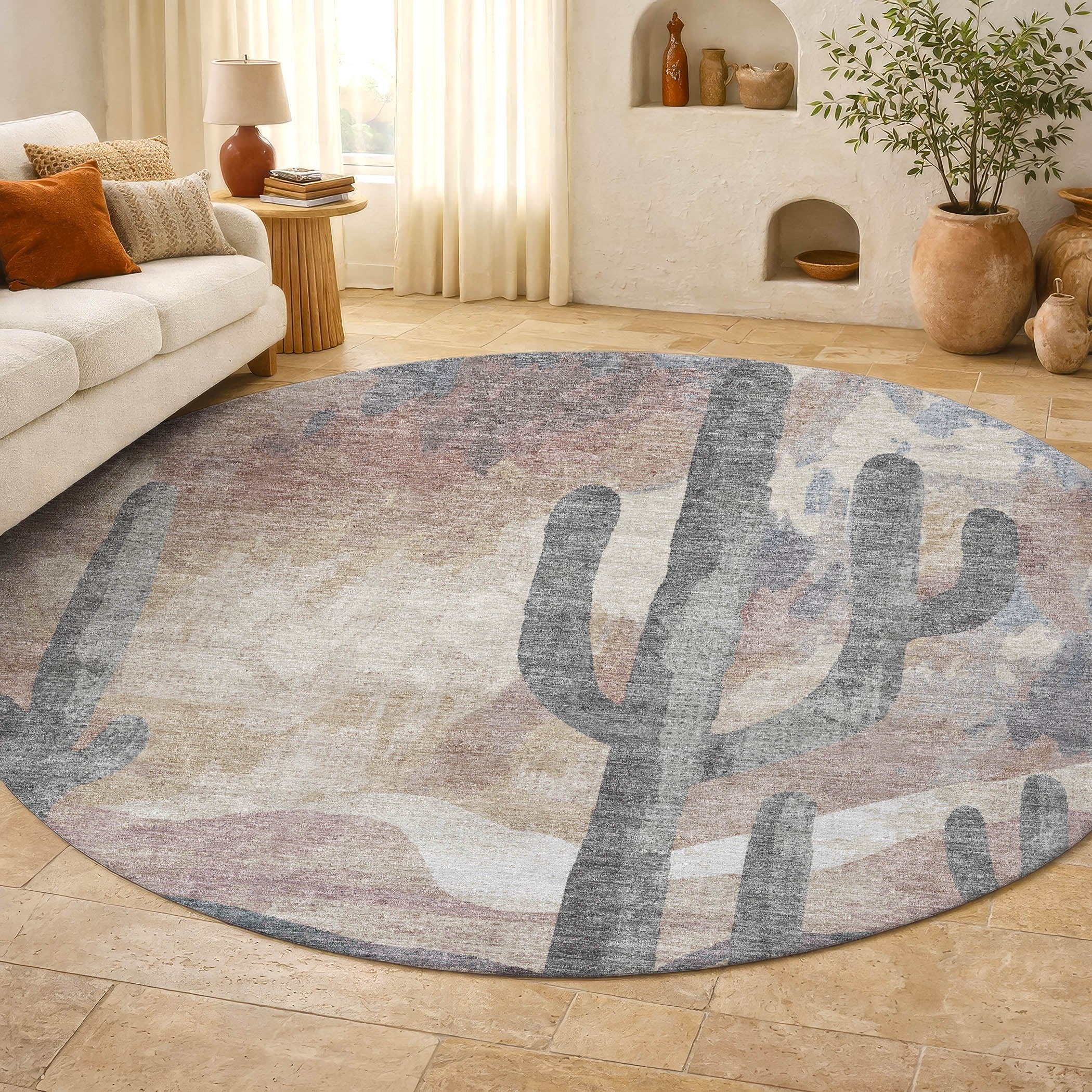 Cartagena Machine Washable Transitional Taupe Brown Rug 8' x 8' #shape_Round