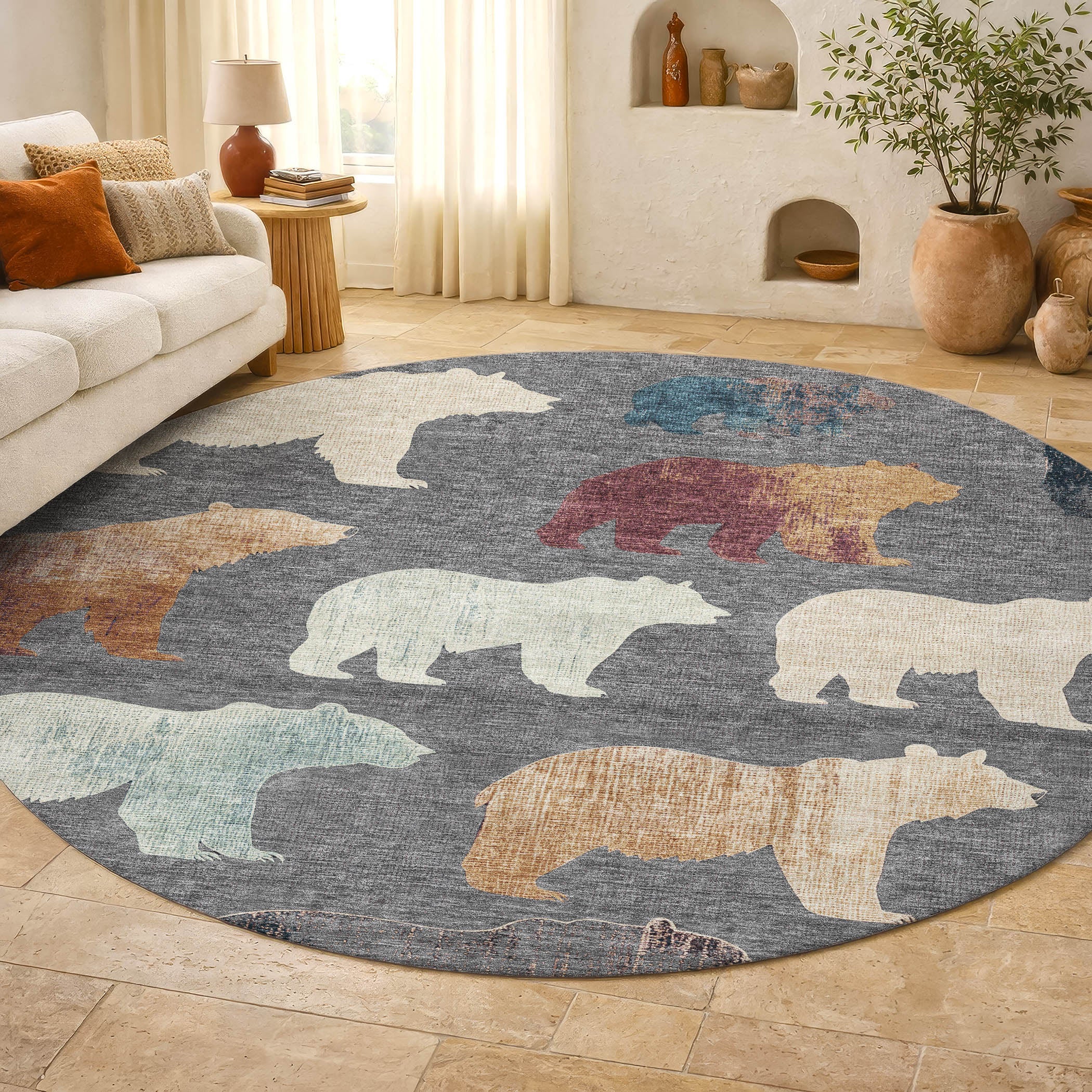 Porto Machine Washable Transitional Gray Rug 8' x 8' #shape_Round