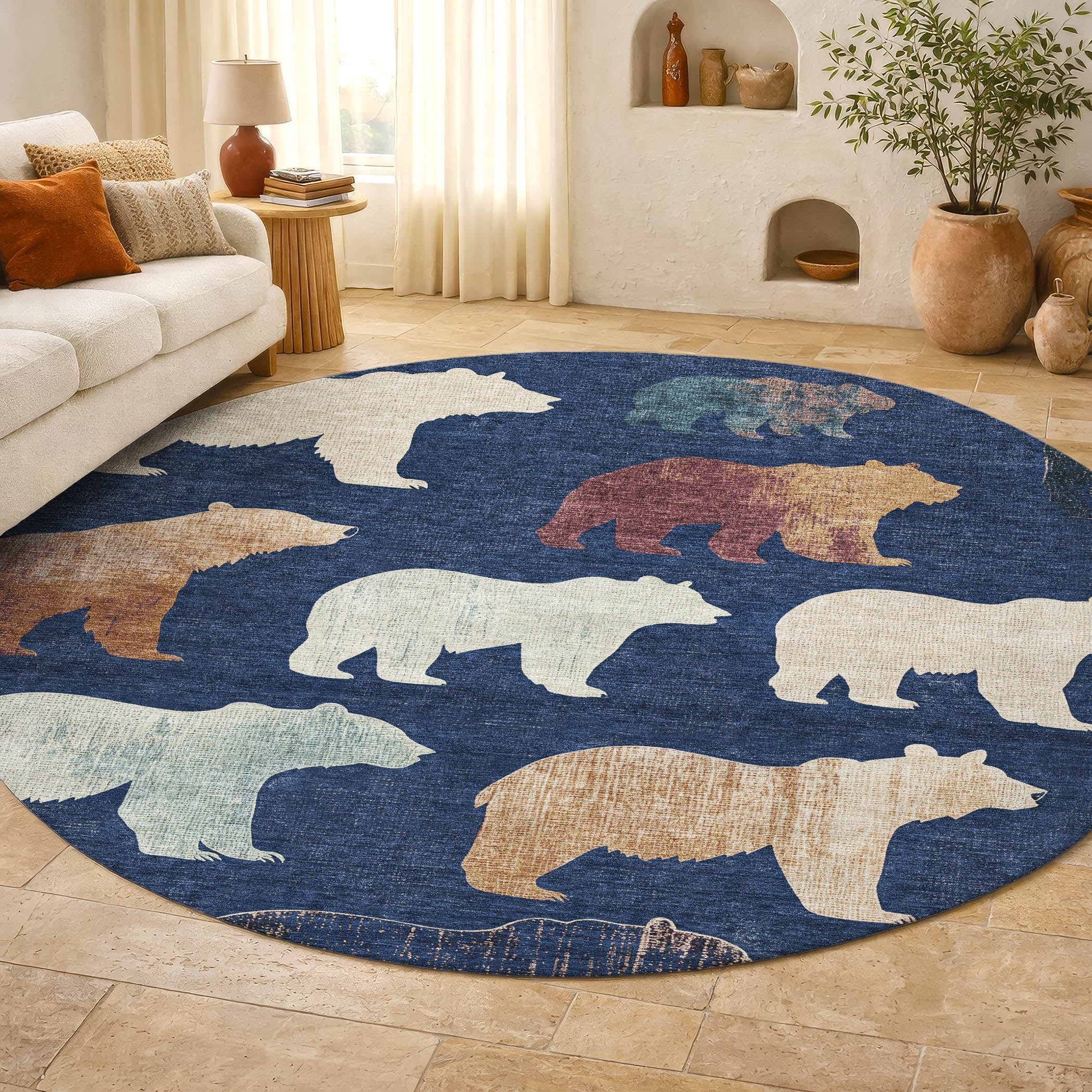Porto Machine Washable Transitional Navy Blue Rug 8' x 8' #shape_Round