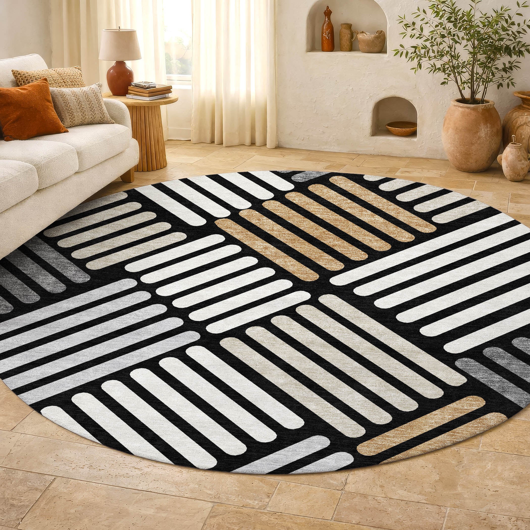 Tbilisi Machine Washable Transitional Black Rug 8' x 8' #shape_Round