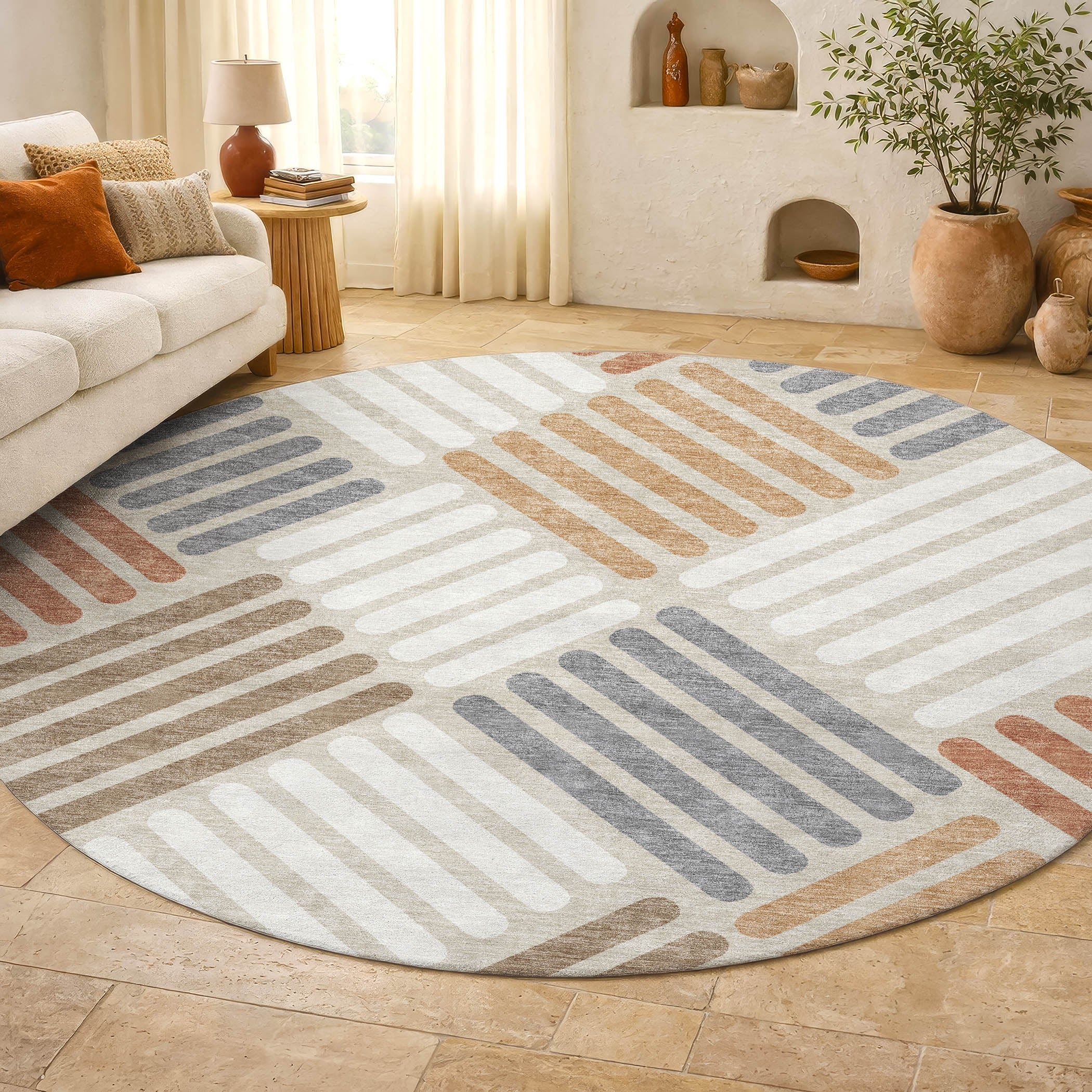 Tbilisi Machine Washable Transitional Copper Orange Rug 8' x 8' #shape_Round