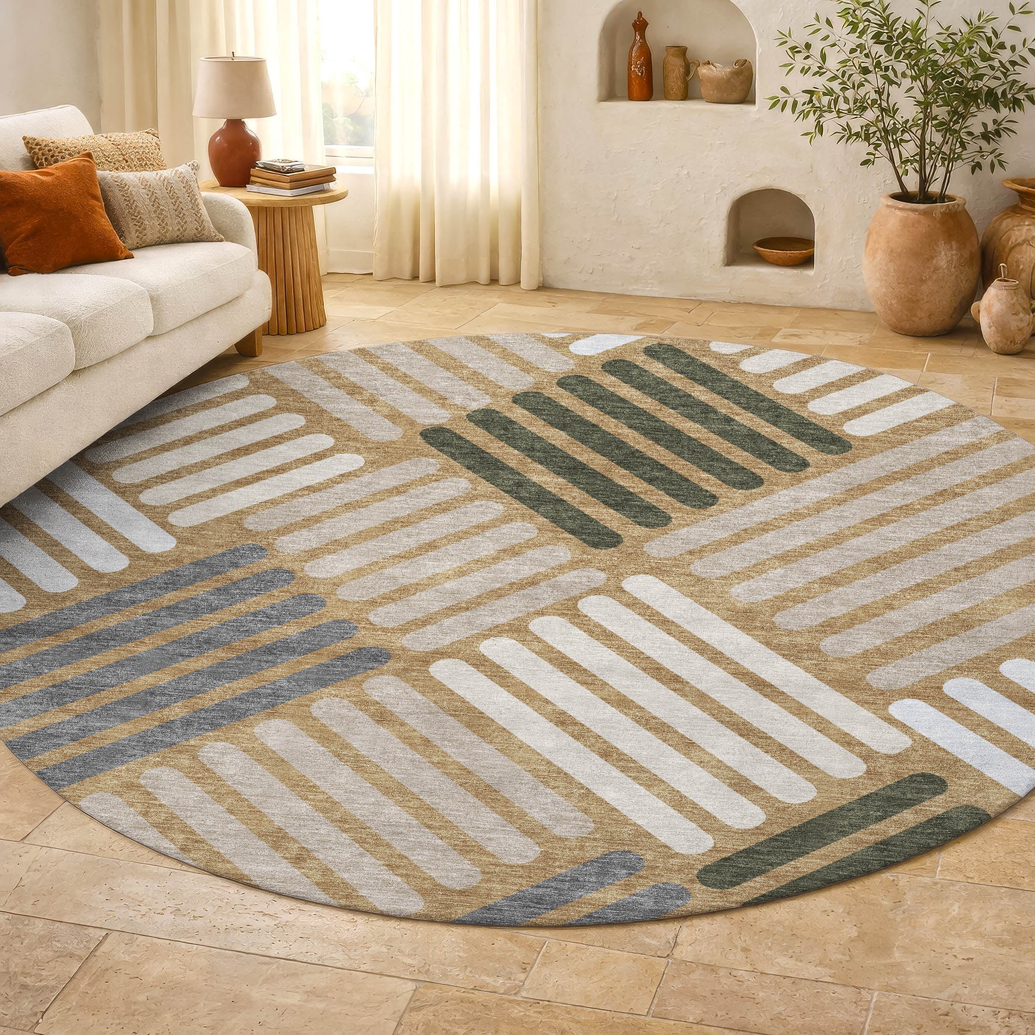Tbilisi Machine Washable Transitional Gold Rug 8' x 8' #shape_Round