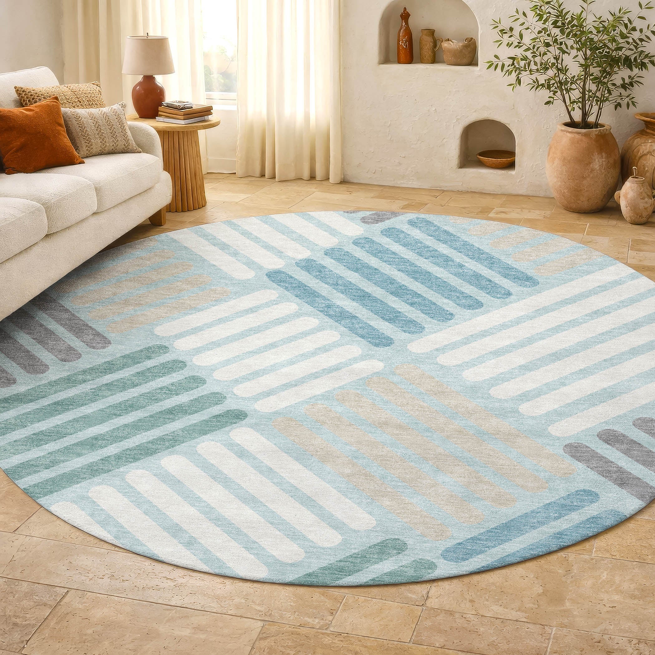 Tbilisi Machine Washable Transitional Seafoam Blue Rug 8' x 8' #shape_Round