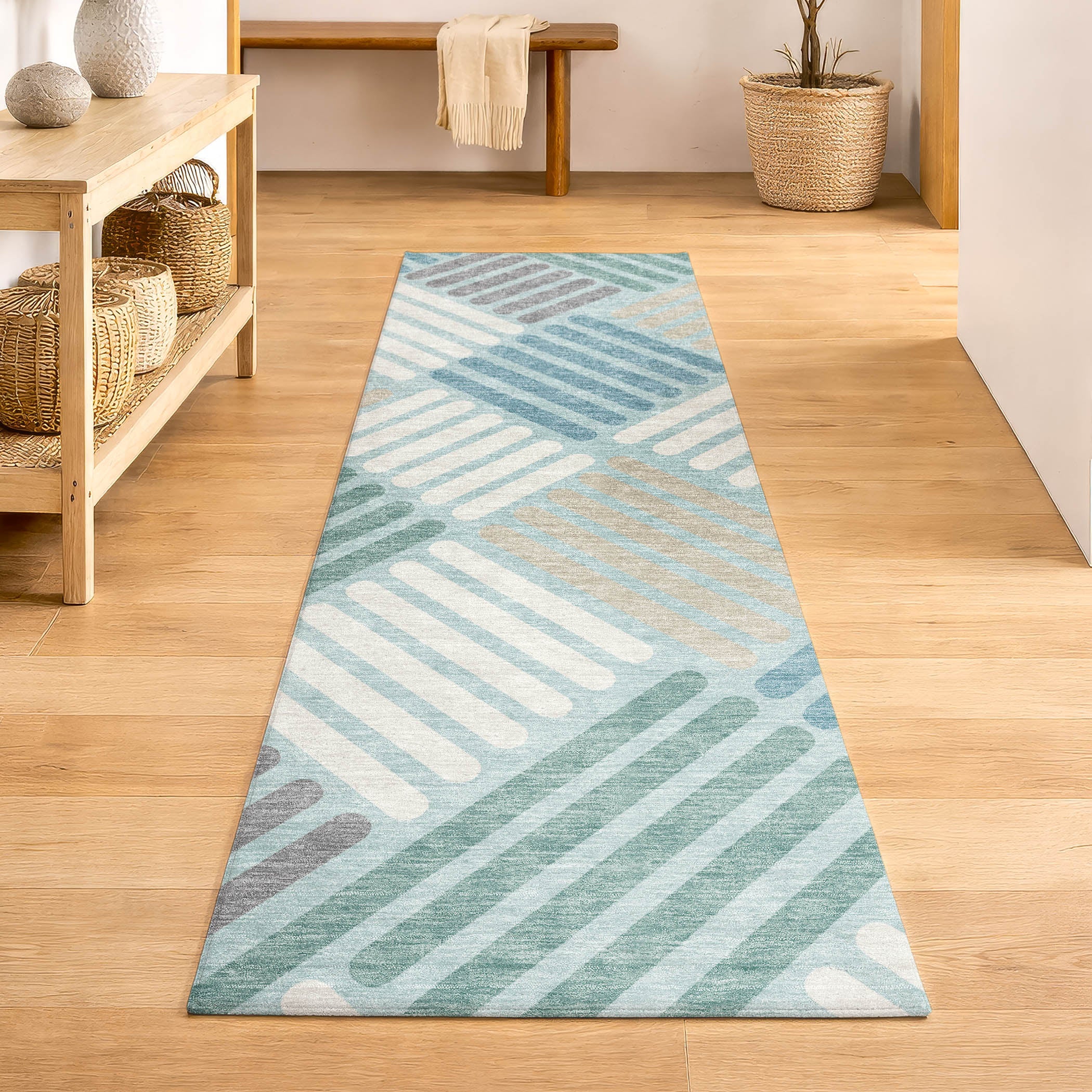 Tbilisi Machine Washable Transitional Seafoam Blue Rug 2'3" x 7'6" #shape_Runner