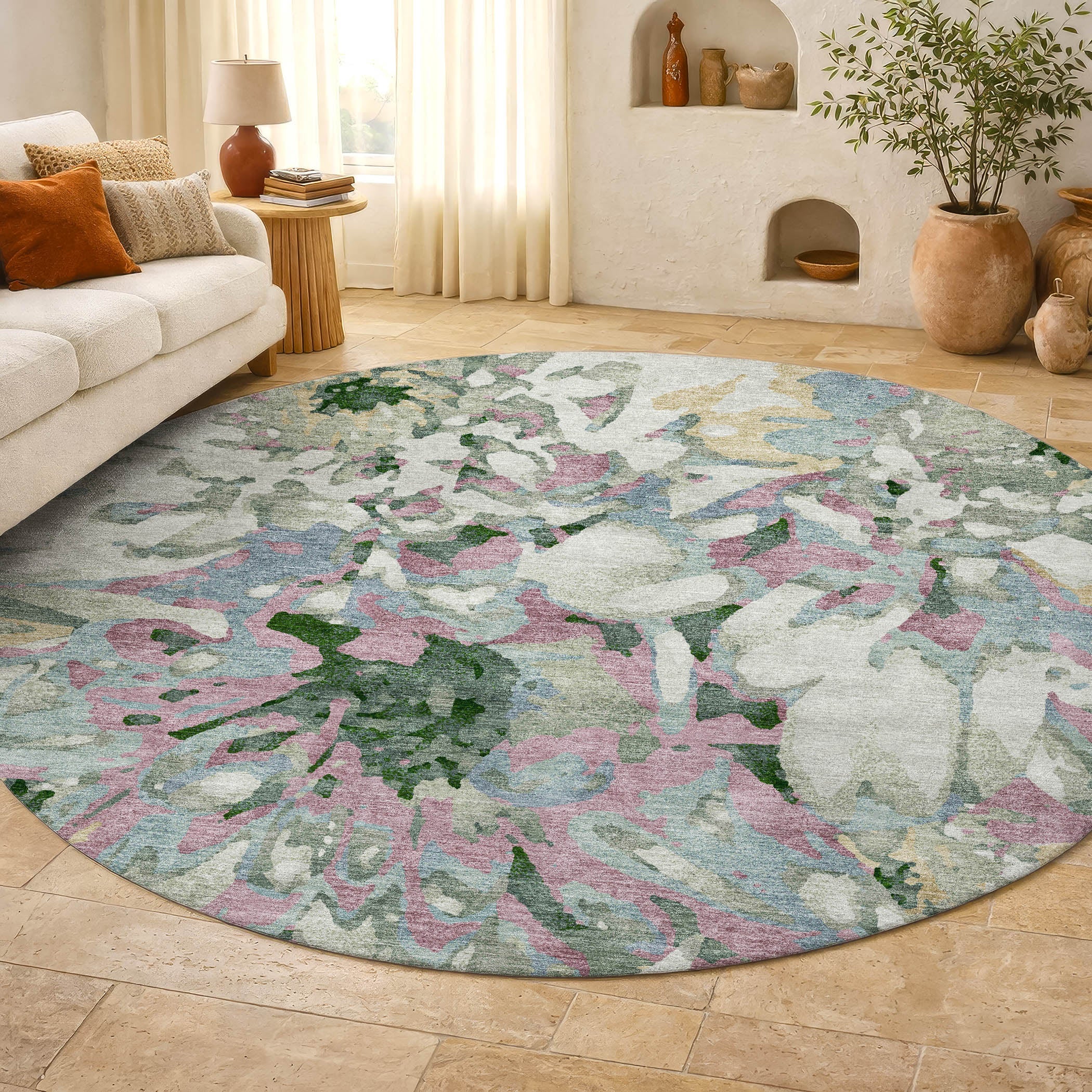 Lima Machine Washable Transitional Sage Green Rug 8' x 8' #shape_Round