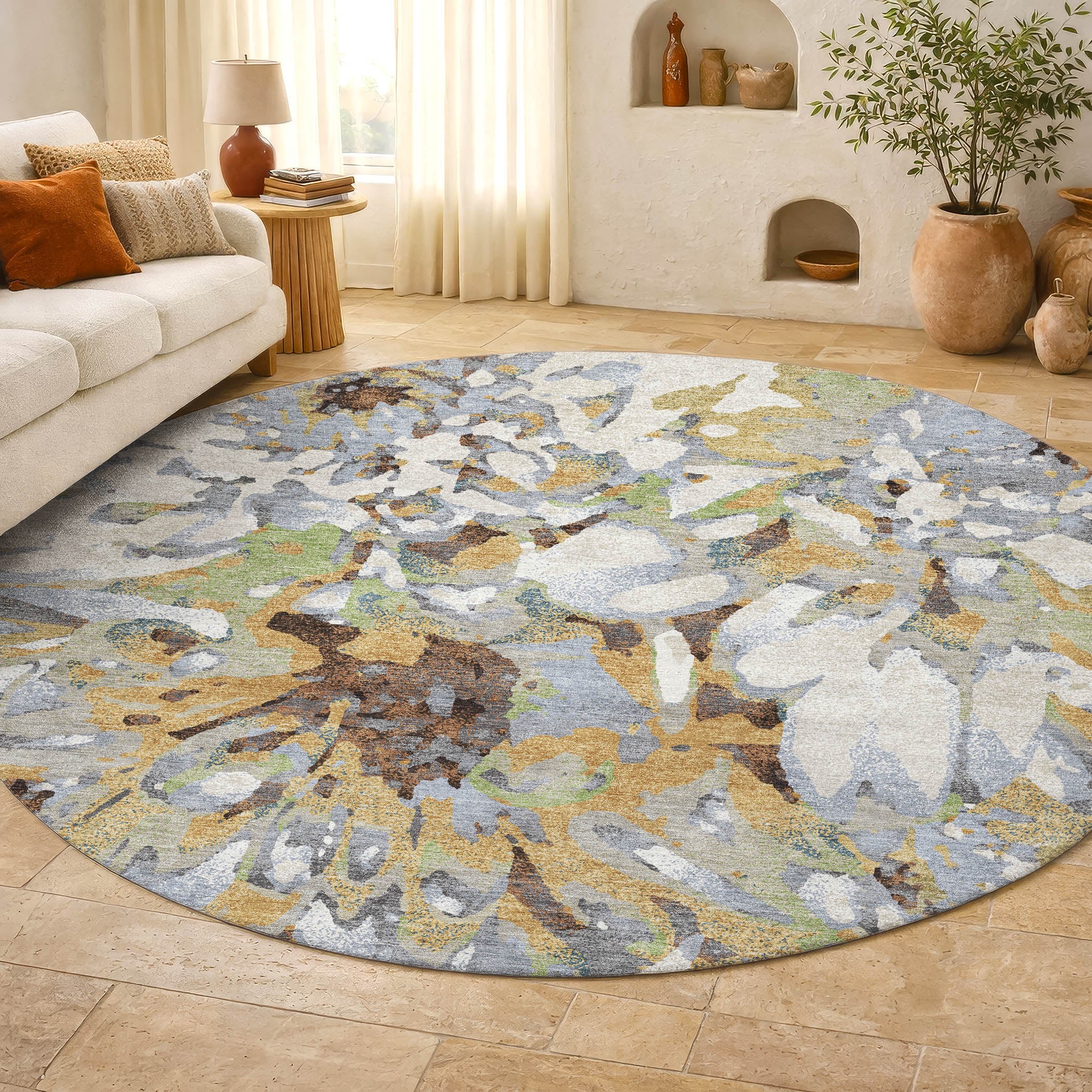Lima Machine Washable Transitional Wheat Gold Rug 8' x 8' #shape_Round
