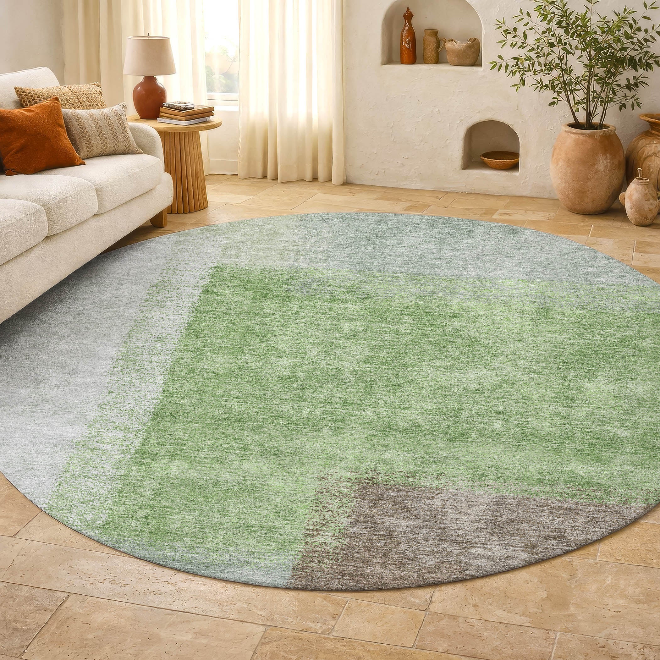 Prague Machine Washable Contemporary Aloe Green Rug 8' x 8' #shape_Round