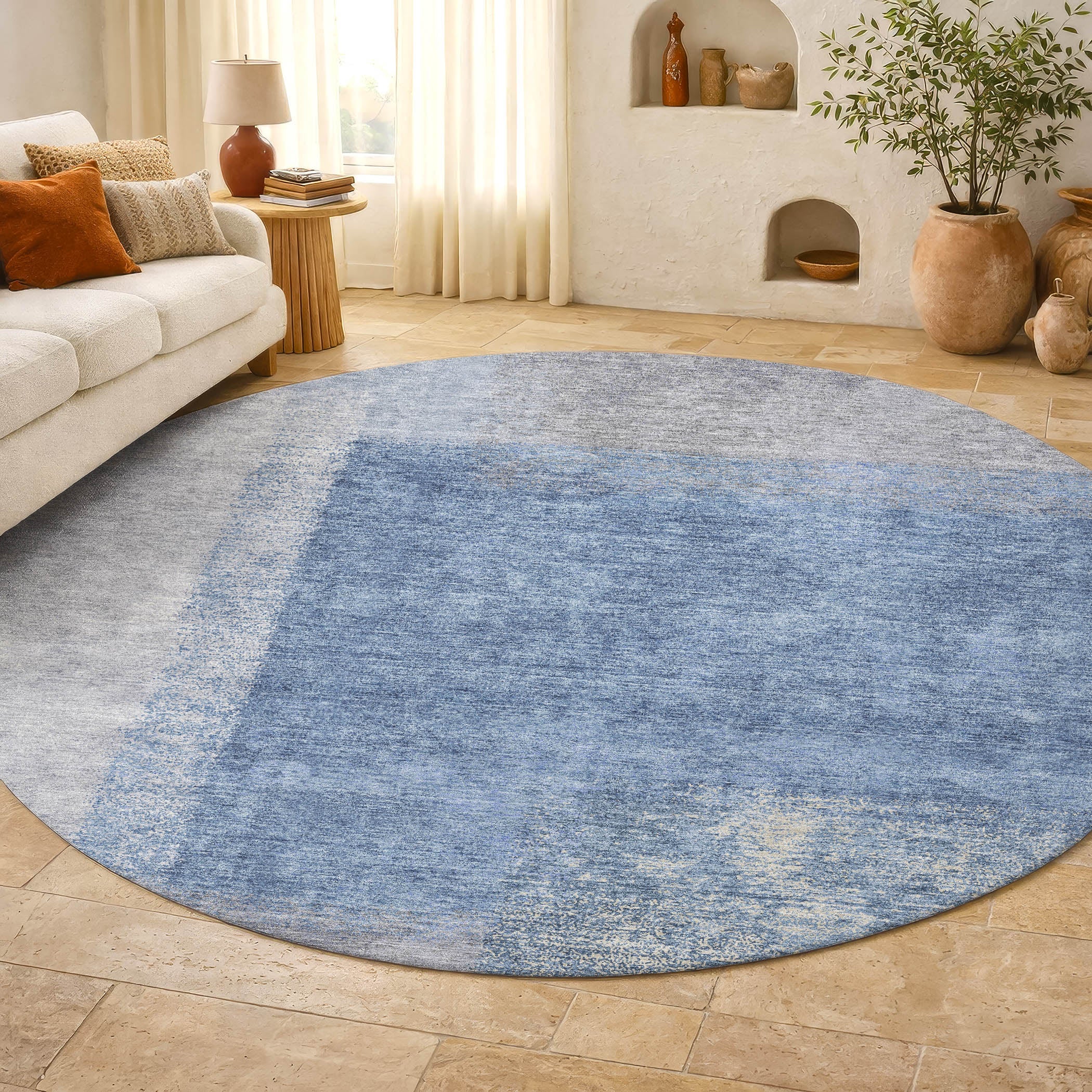 Prague Machine Washable Contemporary Denim Blue Rug 8' x 8' #shape_Round